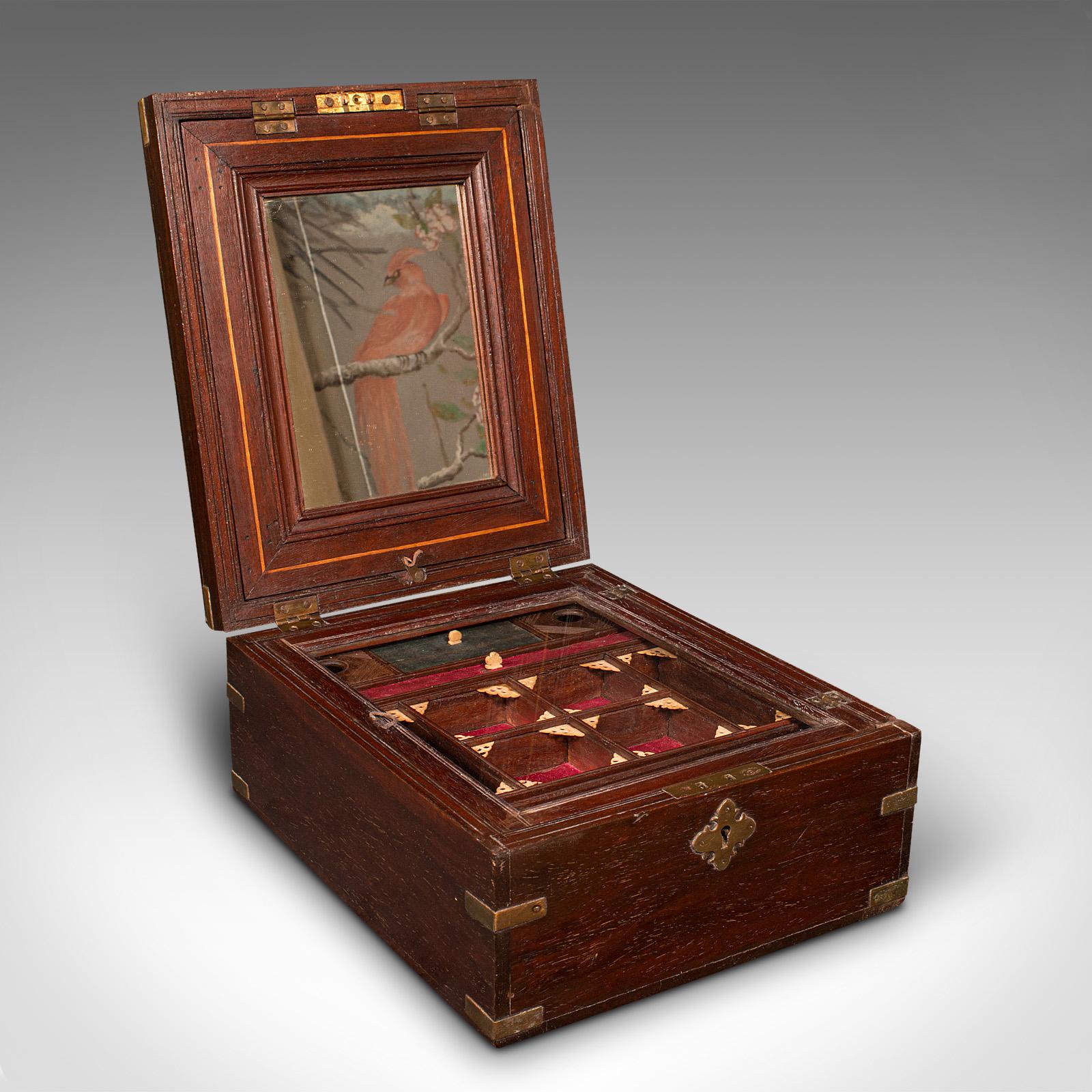 This is an antique gentleman's travelling box. An Anglo-Indian, teak and brass bound correspondence case, dating to the Victorian period, circa 1880.

Delightful colonial interest, perfect for the golden age of luxury travel.
Displays a desirable