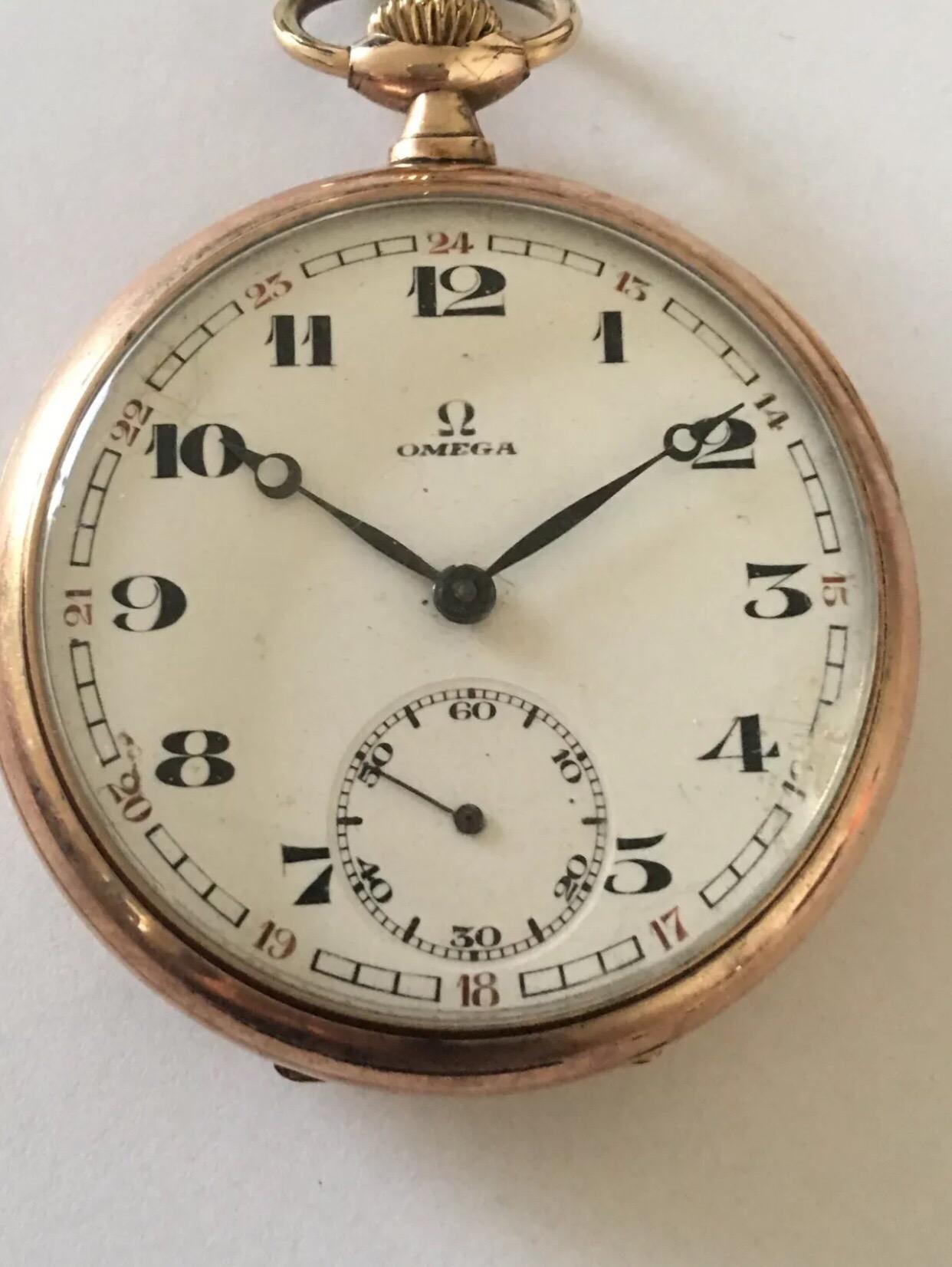 This charming Omega Gents Pocket watch is in good working condition and ticking nicely. There is a bit of a crack on the dial and a tiny messed up on dial restoration nearside on 4 o’clock.