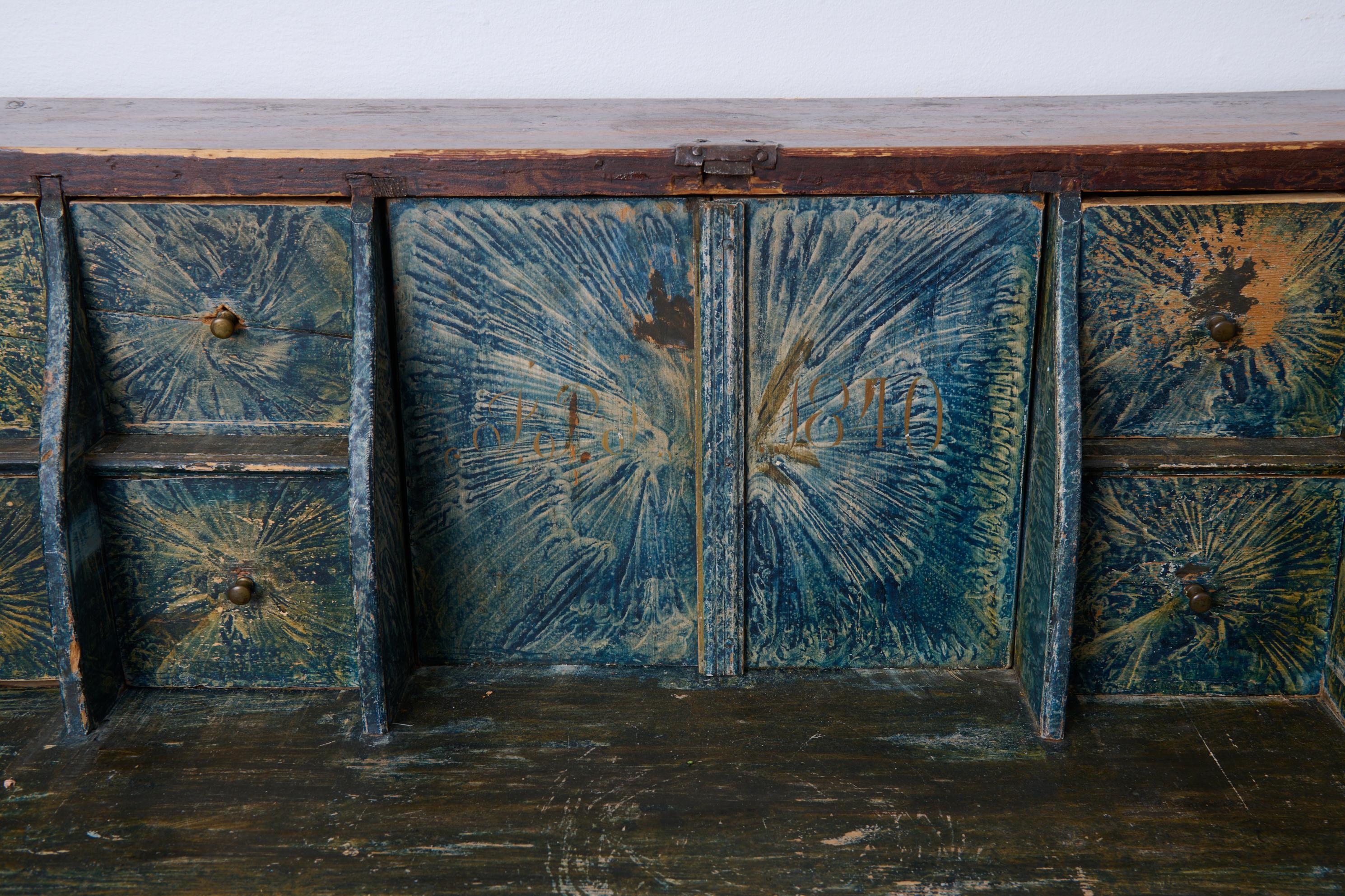 Antiker echter Volkskunst-Sekretär-Schreibtisch, original blaue und Mahagoni-Lackierung im Angebot 1