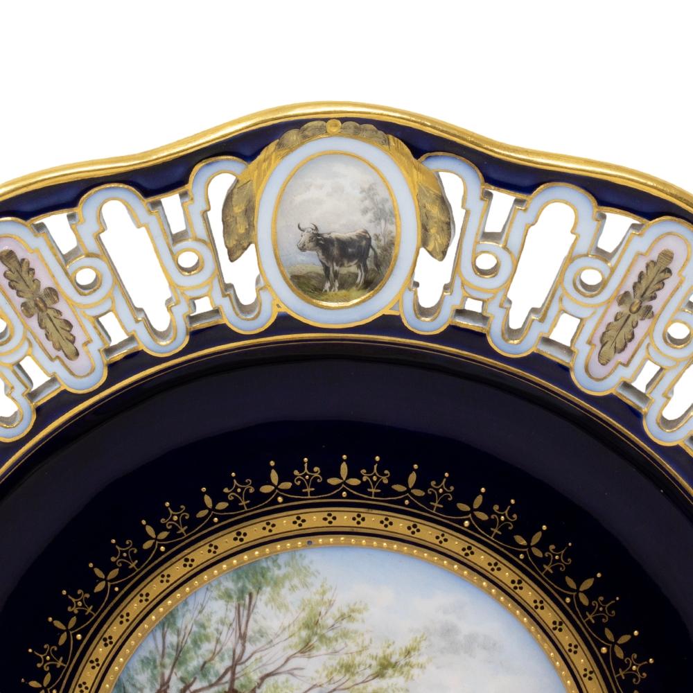High Victorian Antique Genuine Meissen Reticulated Porcelain Cattle Plate For Sale