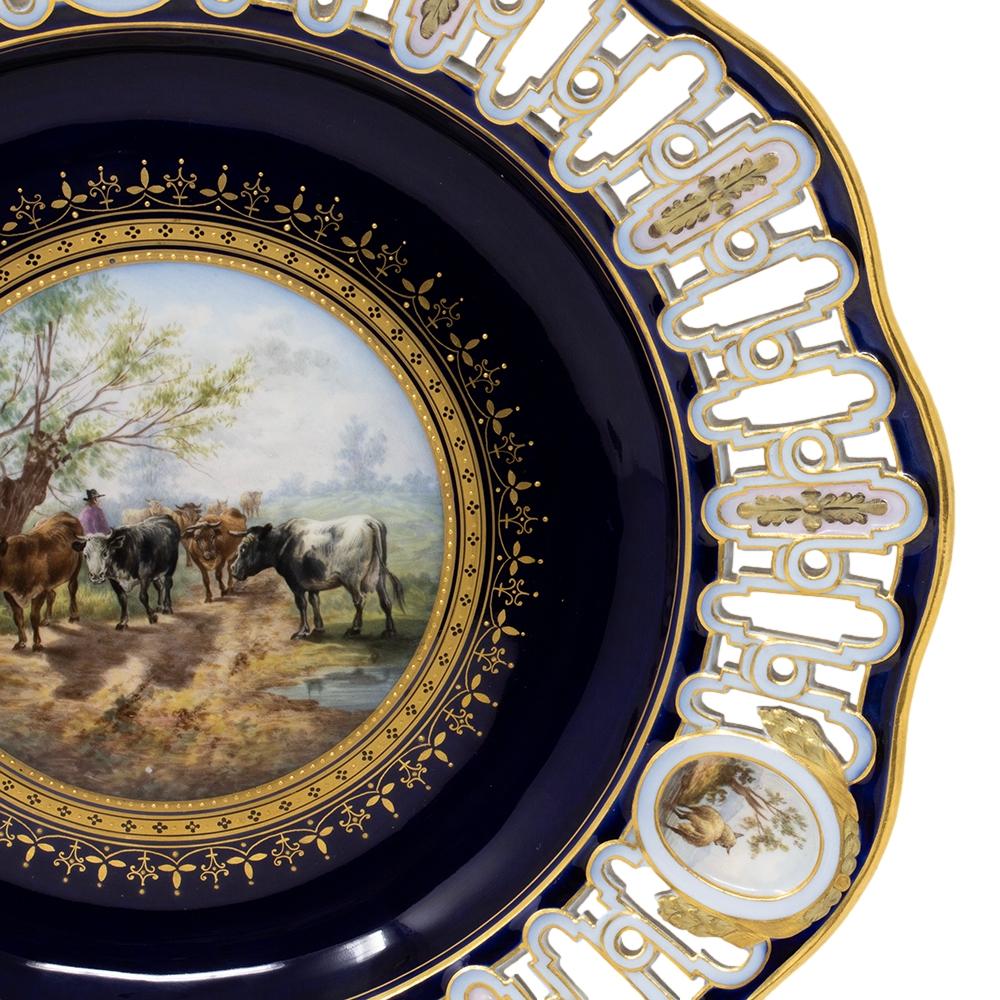 German Antique Genuine Meissen Reticulated Porcelain Cattle Plate For Sale