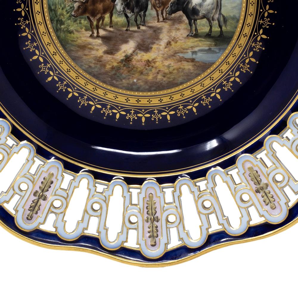 Hand-Crafted Antique Genuine Meissen Reticulated Porcelain Cattle Plate For Sale