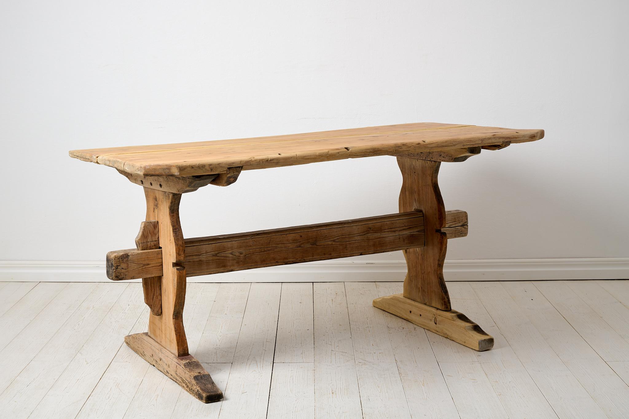 Hand-Crafted Antique Genuine Northern Swedish Folk Art Pine Dining or Work Trestle Table  For Sale