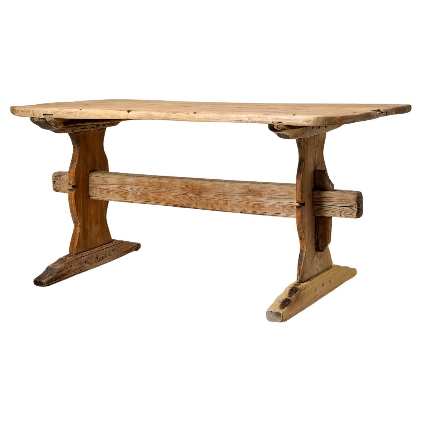 Antique Genuine Northern Swedish Folk Art Pine Dining or Work Trestle Table  For Sale