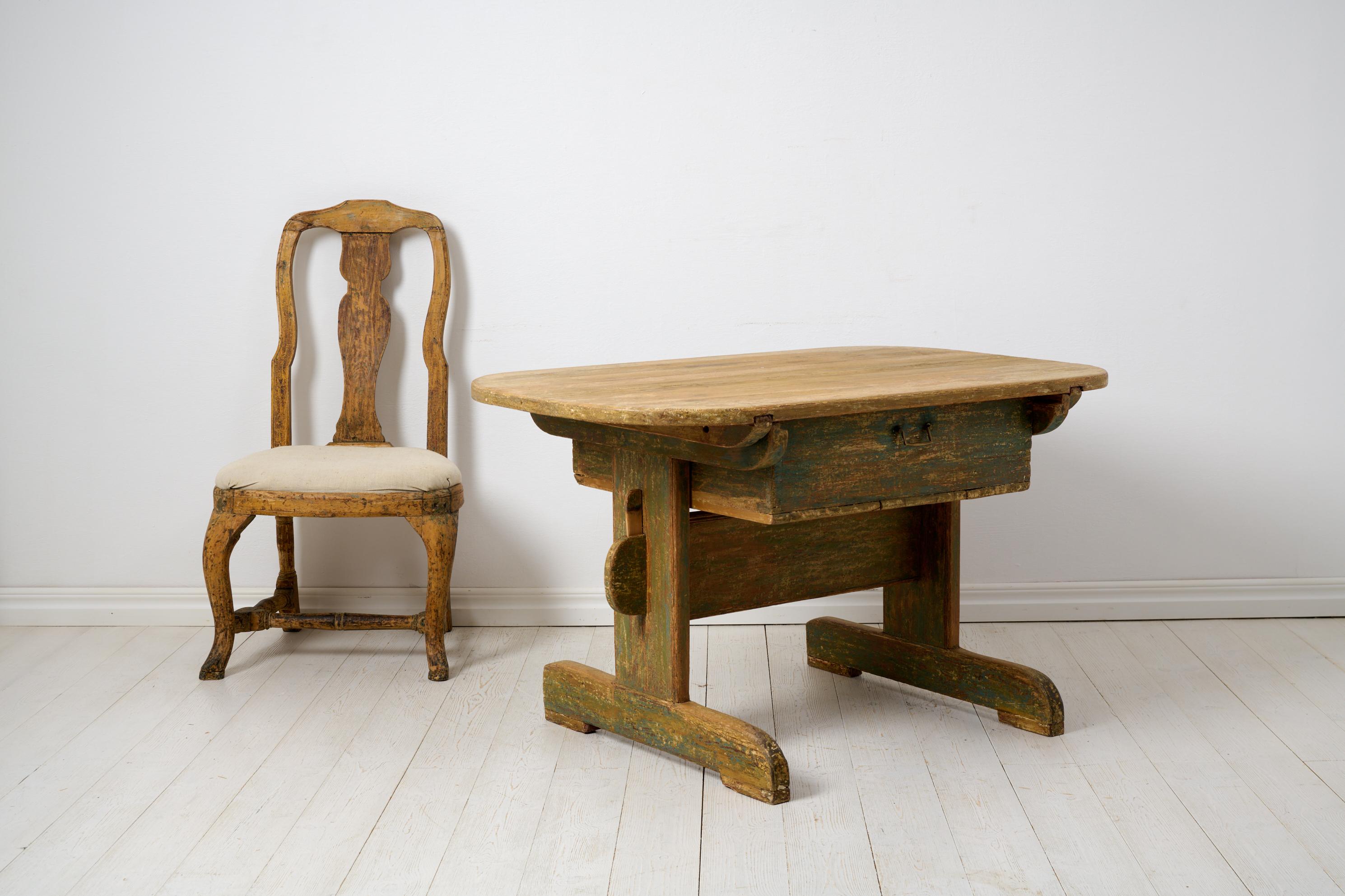 Pine Antique Genuine Rare Unique Charming Northern Swedish Country Table with Drawer For Sale