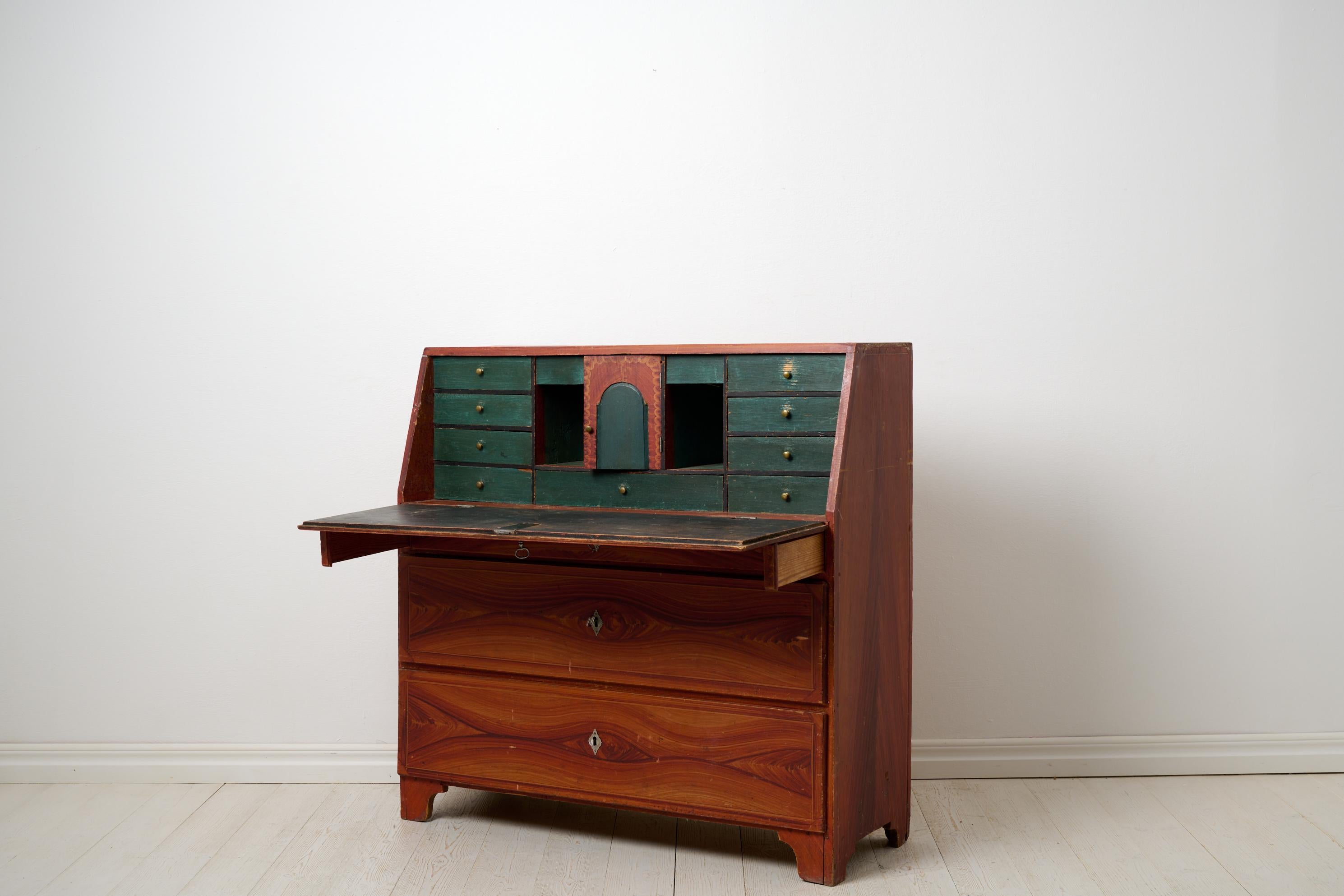 Pine Antique Genuine Swedish Escritoire, Original Faux Paint Country Secretary Desk For Sale