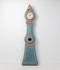 Antique Genuine Swedish Pine Long Case Clock with Unusual Original Blue Paint
