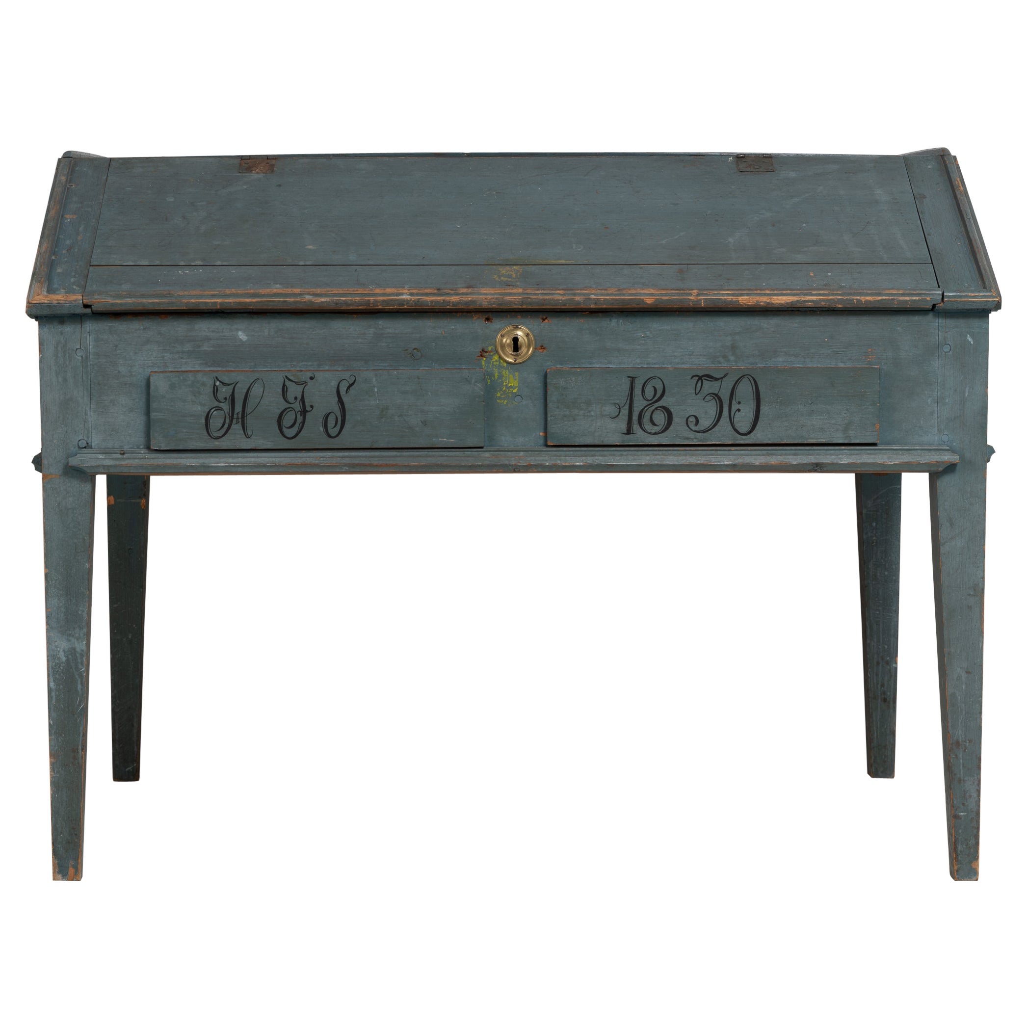 Antique Genuine Swedish Rustic Original Blue Writing Desk Table with Drawers