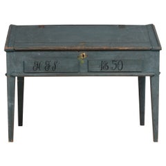 Antique Genuine Swedish Rustic Original Blue Writing Desk Table with Drawers