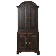 Antique Genuine Tall Black Swedish Country Rococo Pine Cabinet