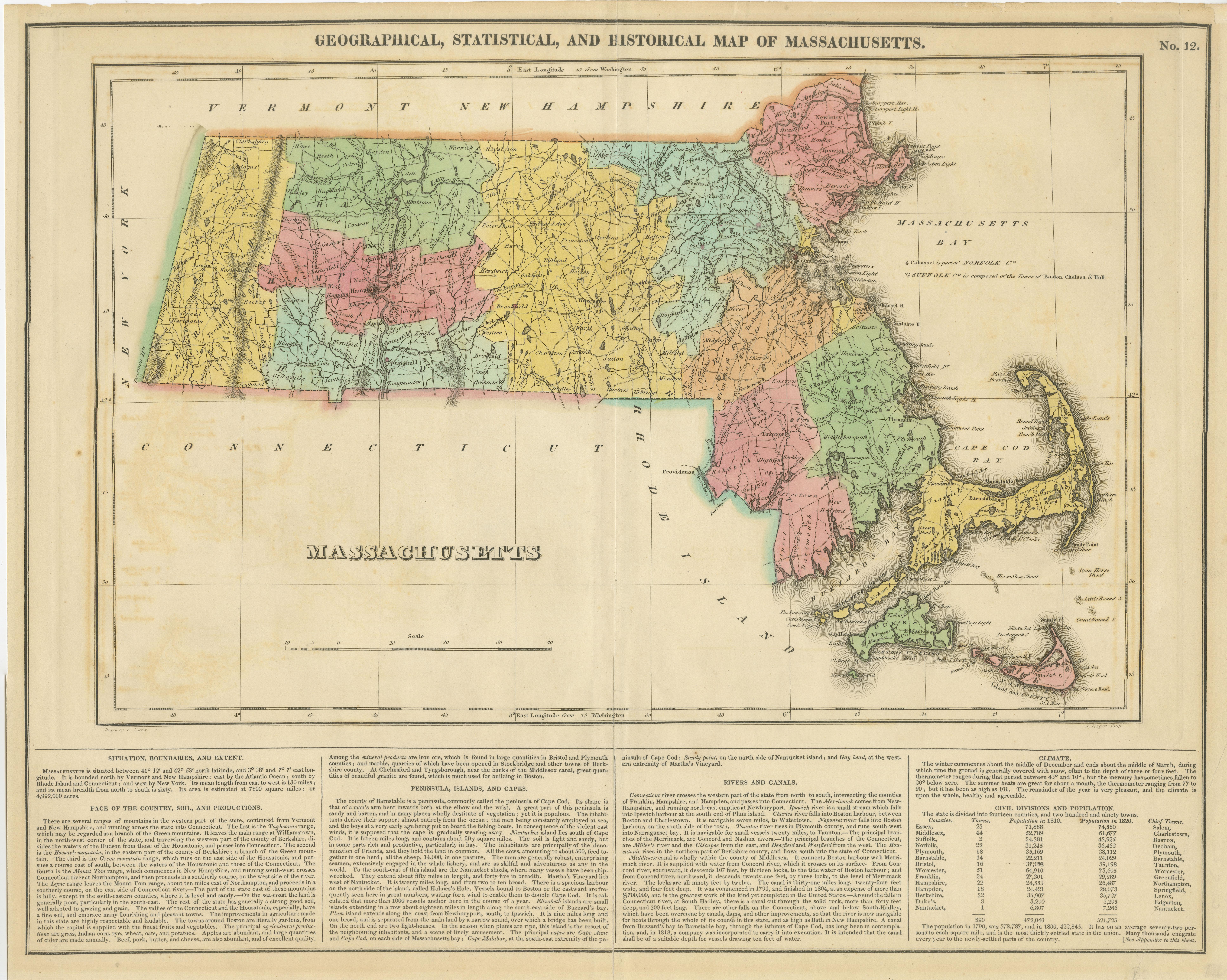 This attractive map of Massachusetts presents a finely detailed overview of the state in the first quarter of the 19th century.

Transportation routes (mostly unpaved postal routes) can be seen serving largely agrarian communities, many of which