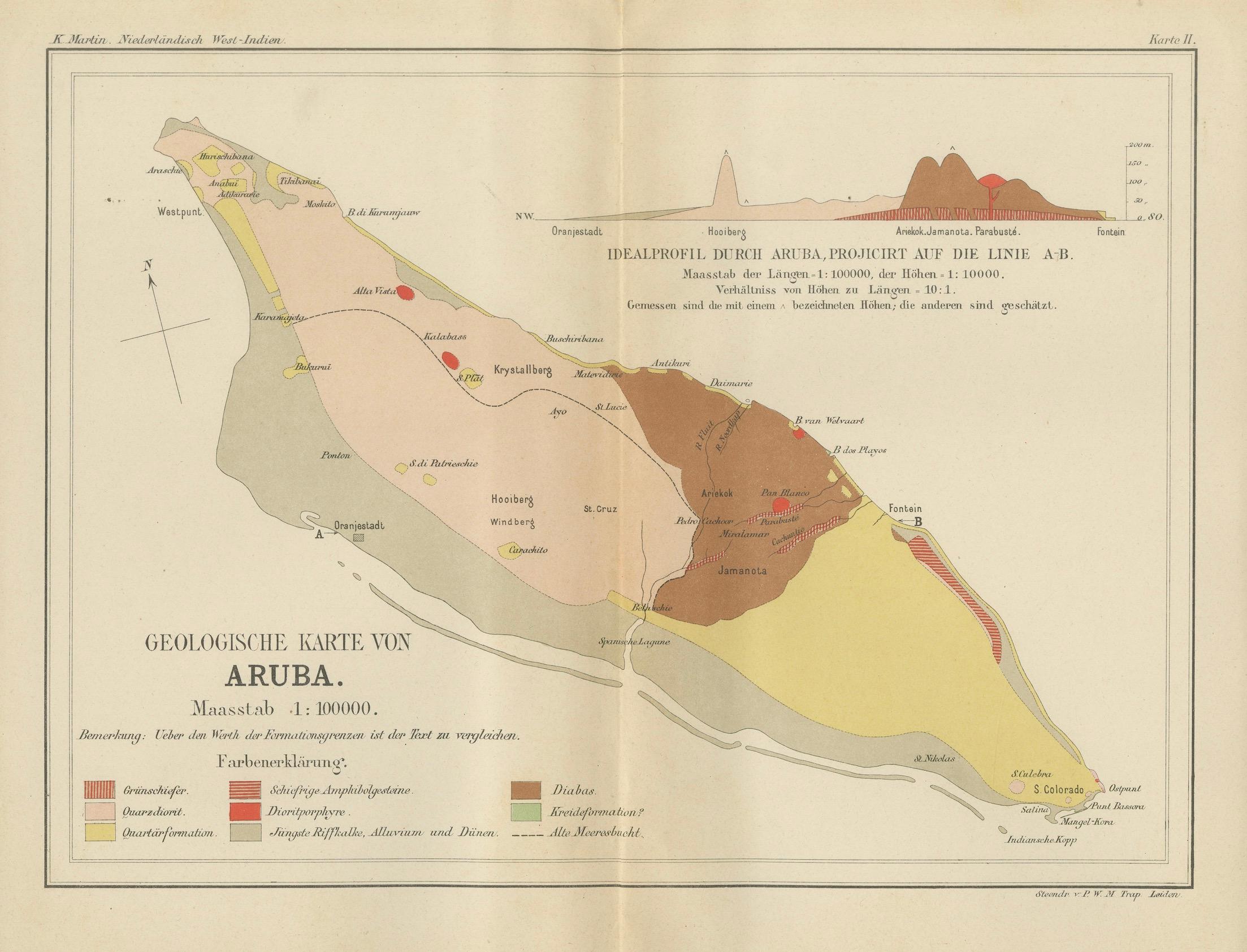 Antique Geological Map of Aruba - Dutch West Indies by Karl Martin, 1888
