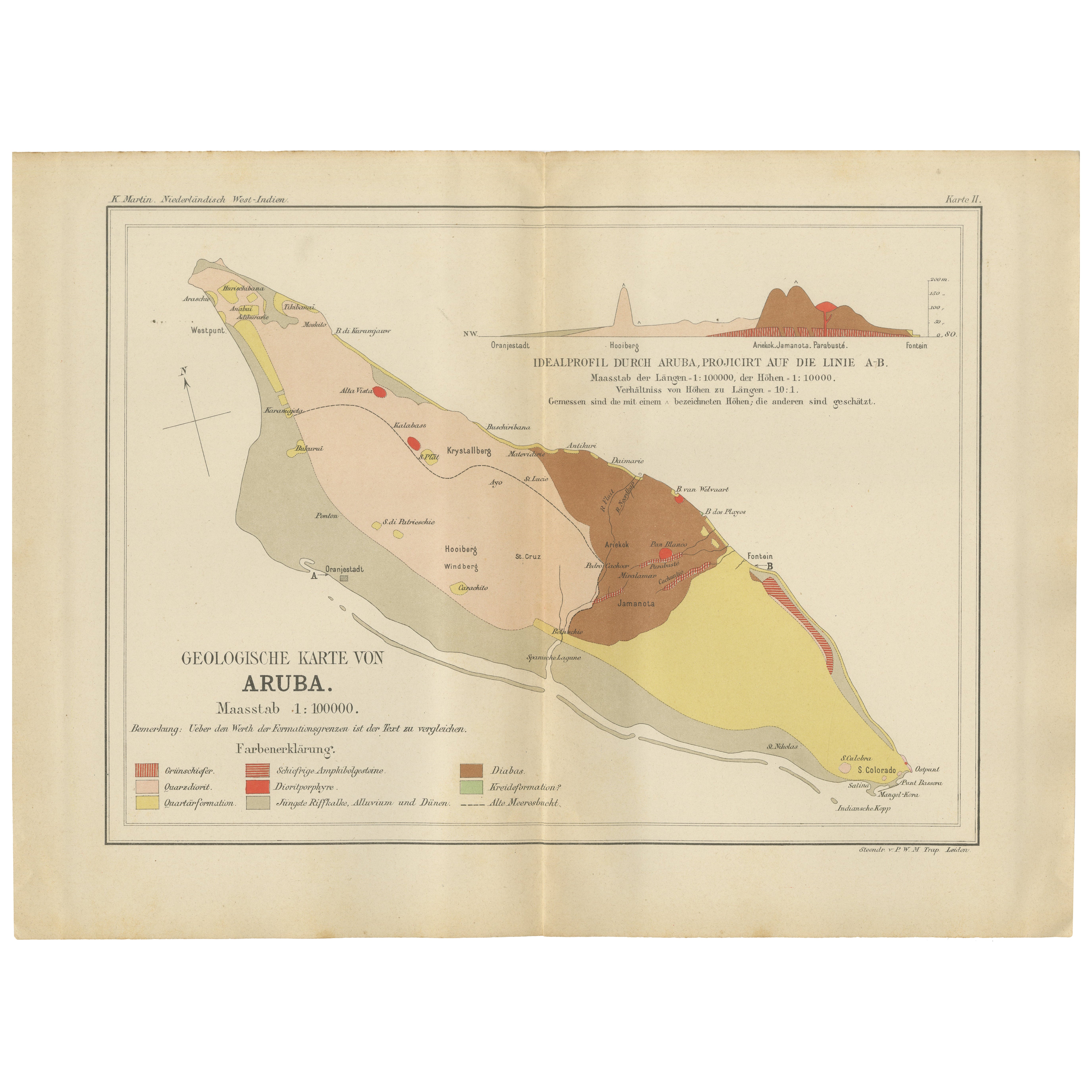 Antique Geological Map of Aruba - Dutch West Indies by Karl Martin, 1888