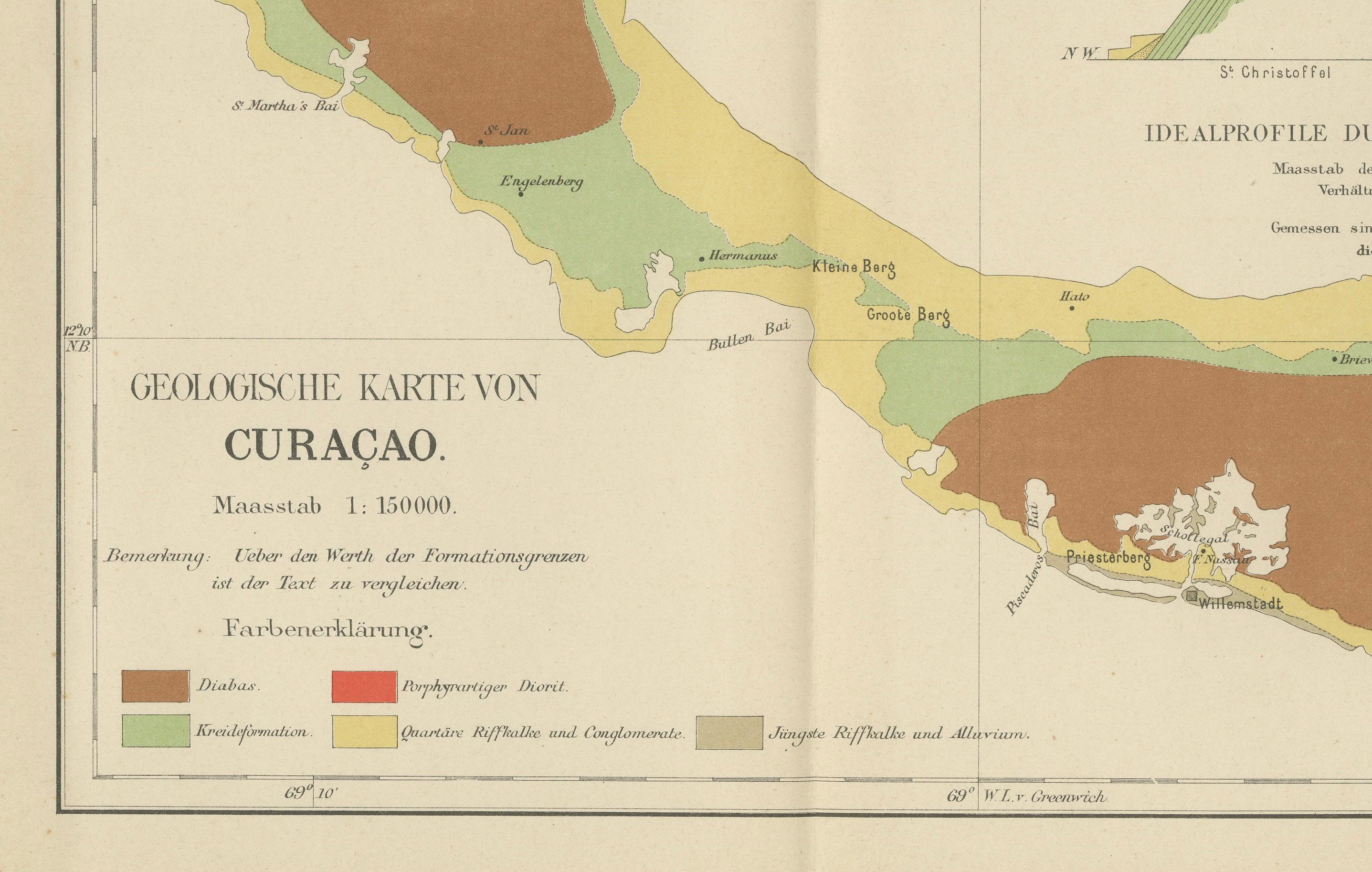 Antique Geological Map of Curaçao - Hand Colored Dutch Caribbean, 1888