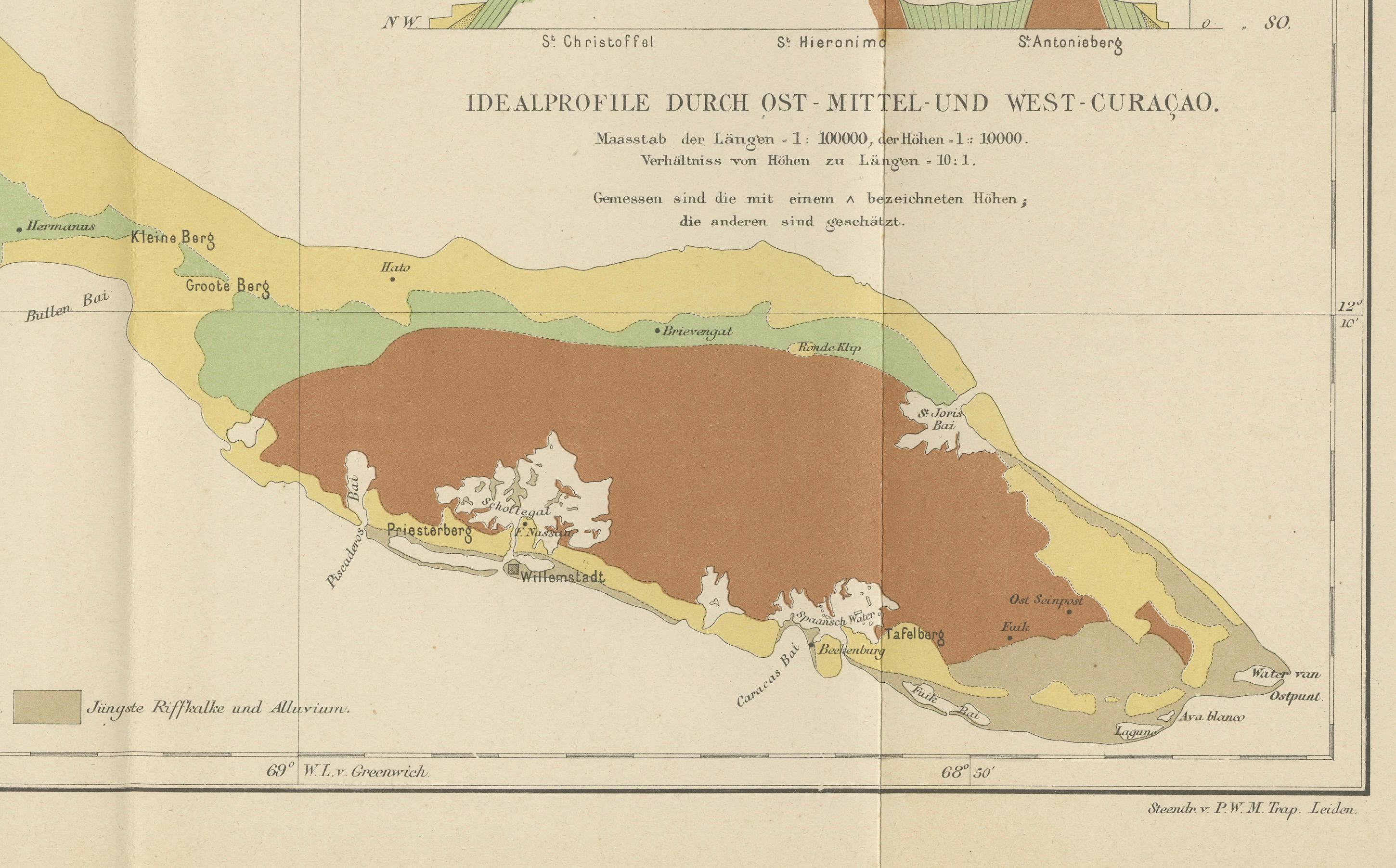 Antique Geological Map of Curaçao - Hand Colored Dutch Caribbean, 1888