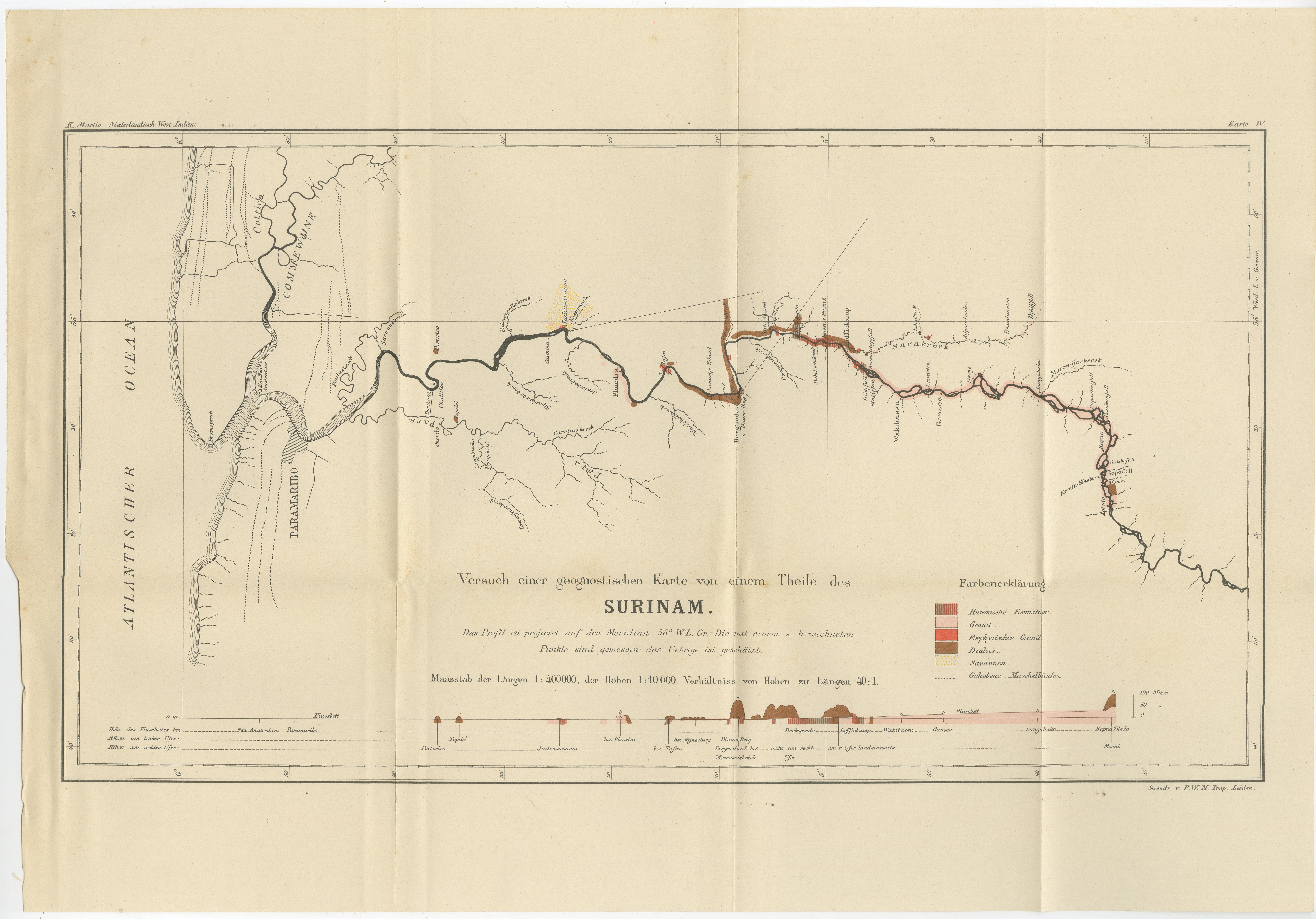 Antique Geological Survey Map of Surinam 1888 Hand Colored

This impressive hand-colored geological survey map of Surinam was published in 1888 as part of Karl Martin’s monumental scientific study of the Dutch West Indies. The map focuses on the