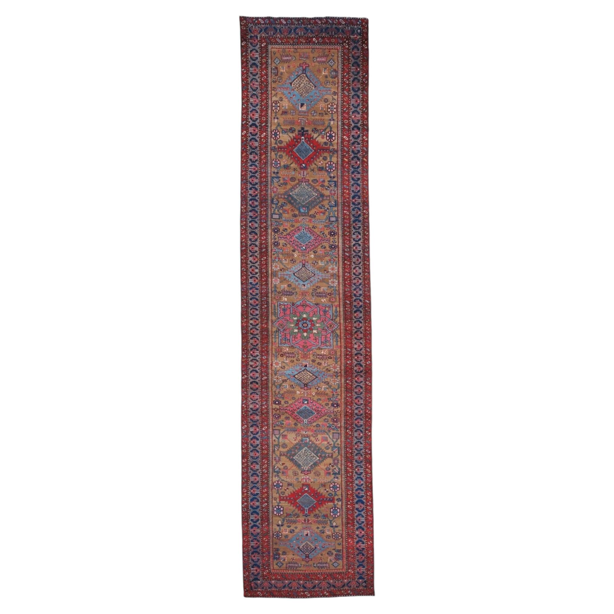 Antique Geometric and Floral Design Hand Woven Wool Runner - Late 19th Century