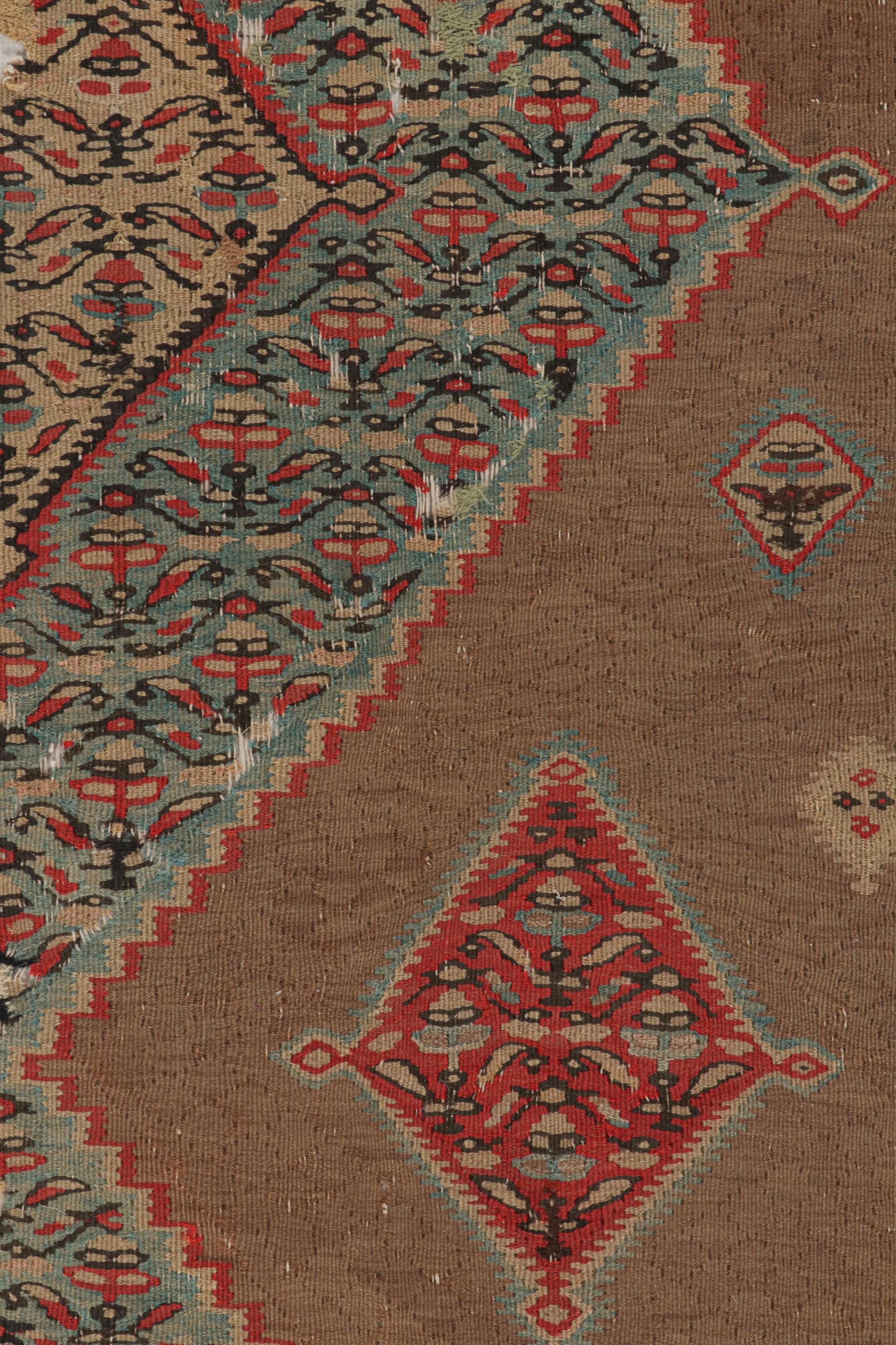 Hand-Knotted Antique Geometric Beige and Red Wool Persian Kilim-Senneh Runner by Rug & Kilim For Sale