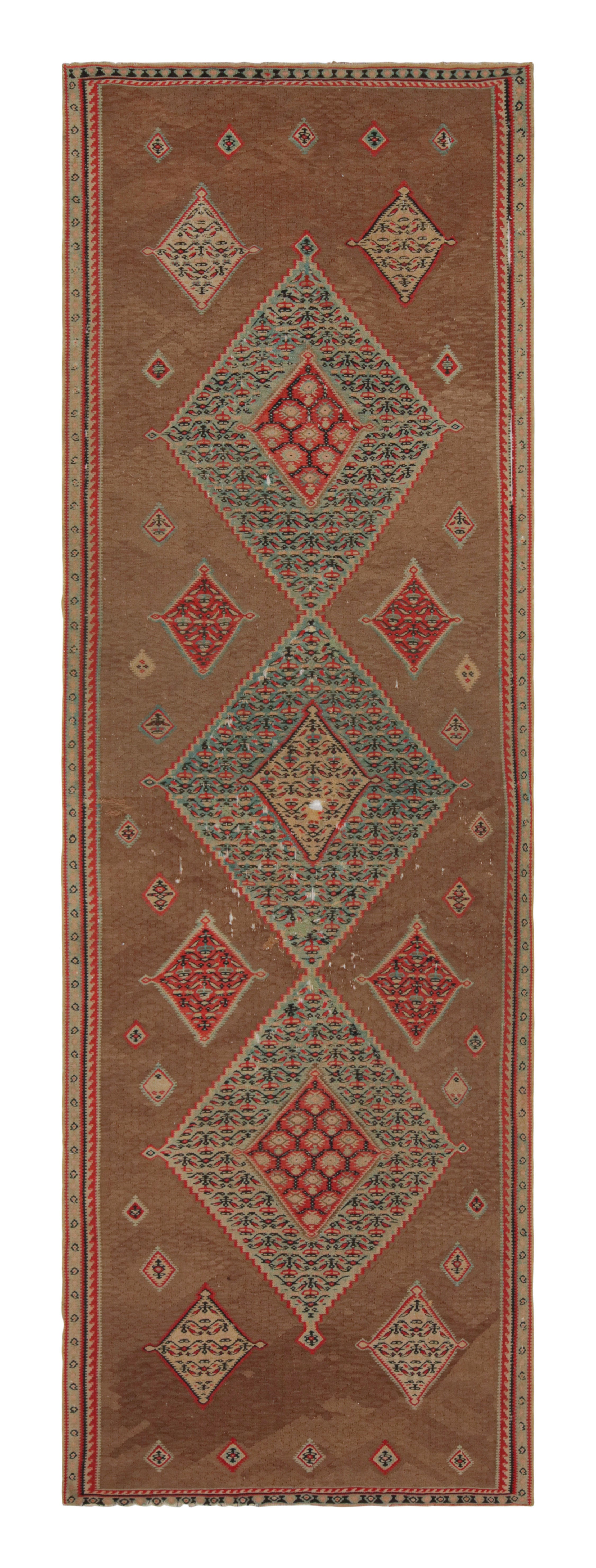 Antique Geometric Beige and Red Wool Persian Kilim-Senneh Runner by Rug & Kilim
