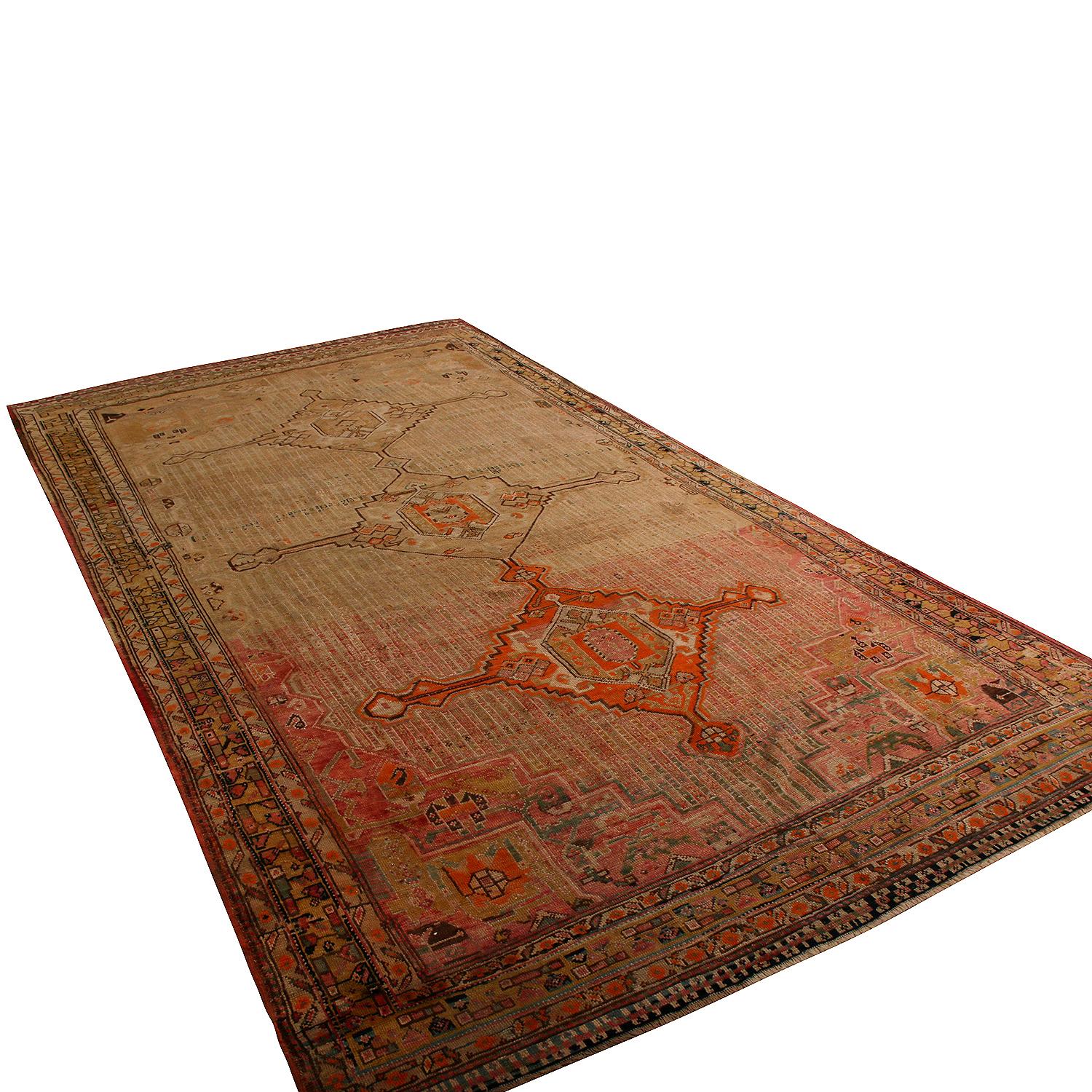 Hand-Woven Antique Qashqai Persian Rug in Beige-Brown with Red Medallions, from Rug & Kilim For Sale