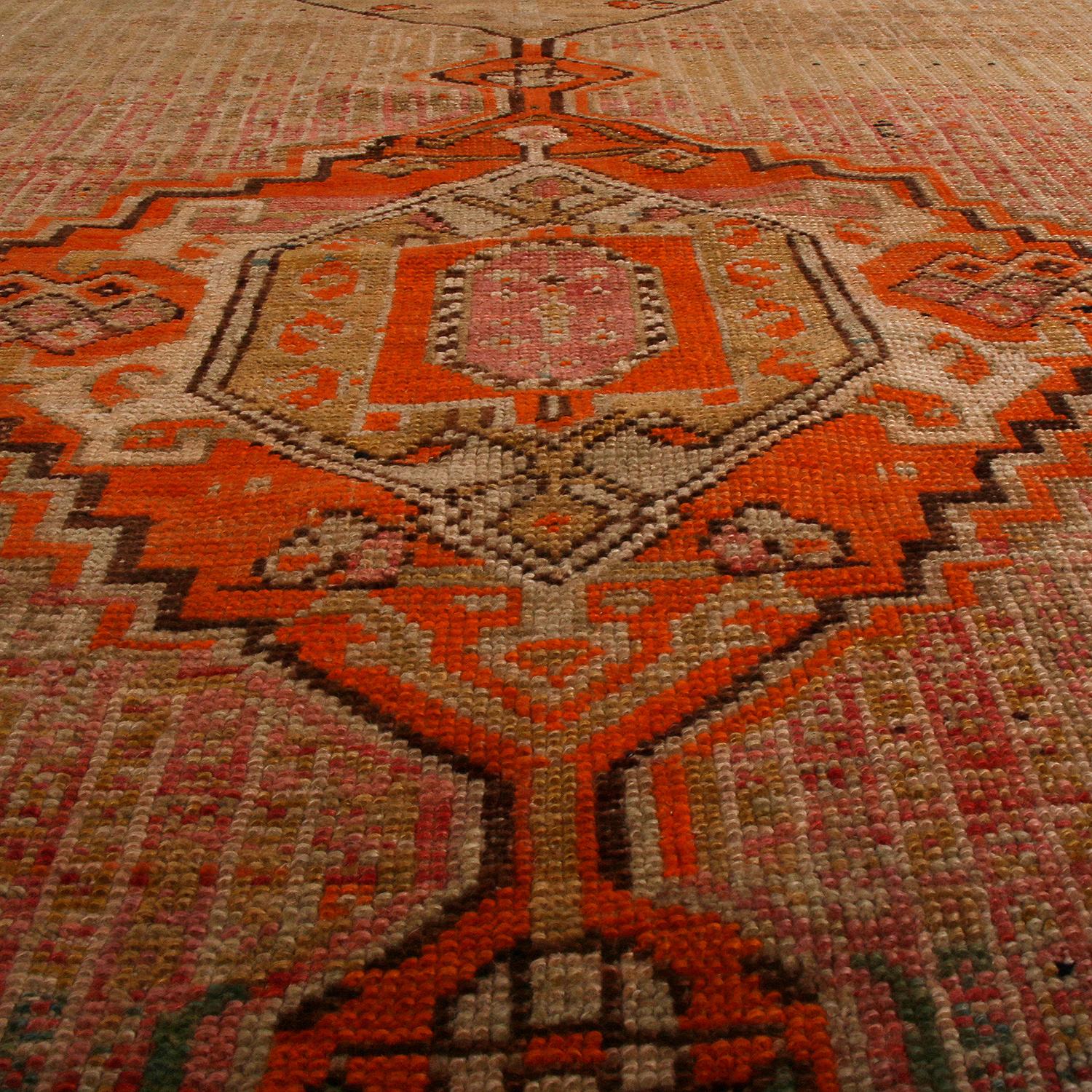 Early 20th Century Antique Qashqai Persian Rug in Beige-Brown with Red Medallions, from Rug & Kilim For Sale