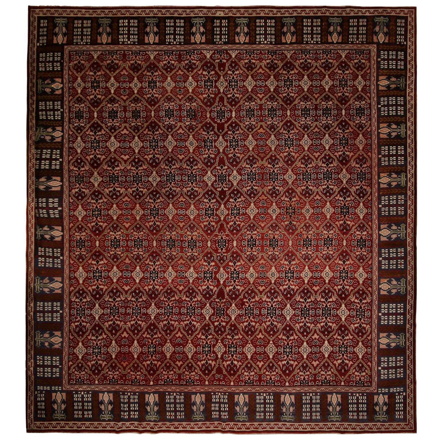 Antique Geometric Burgundy and Beige Wool Rug, Pink, Blue Accents by Rug & Kilim For Sale