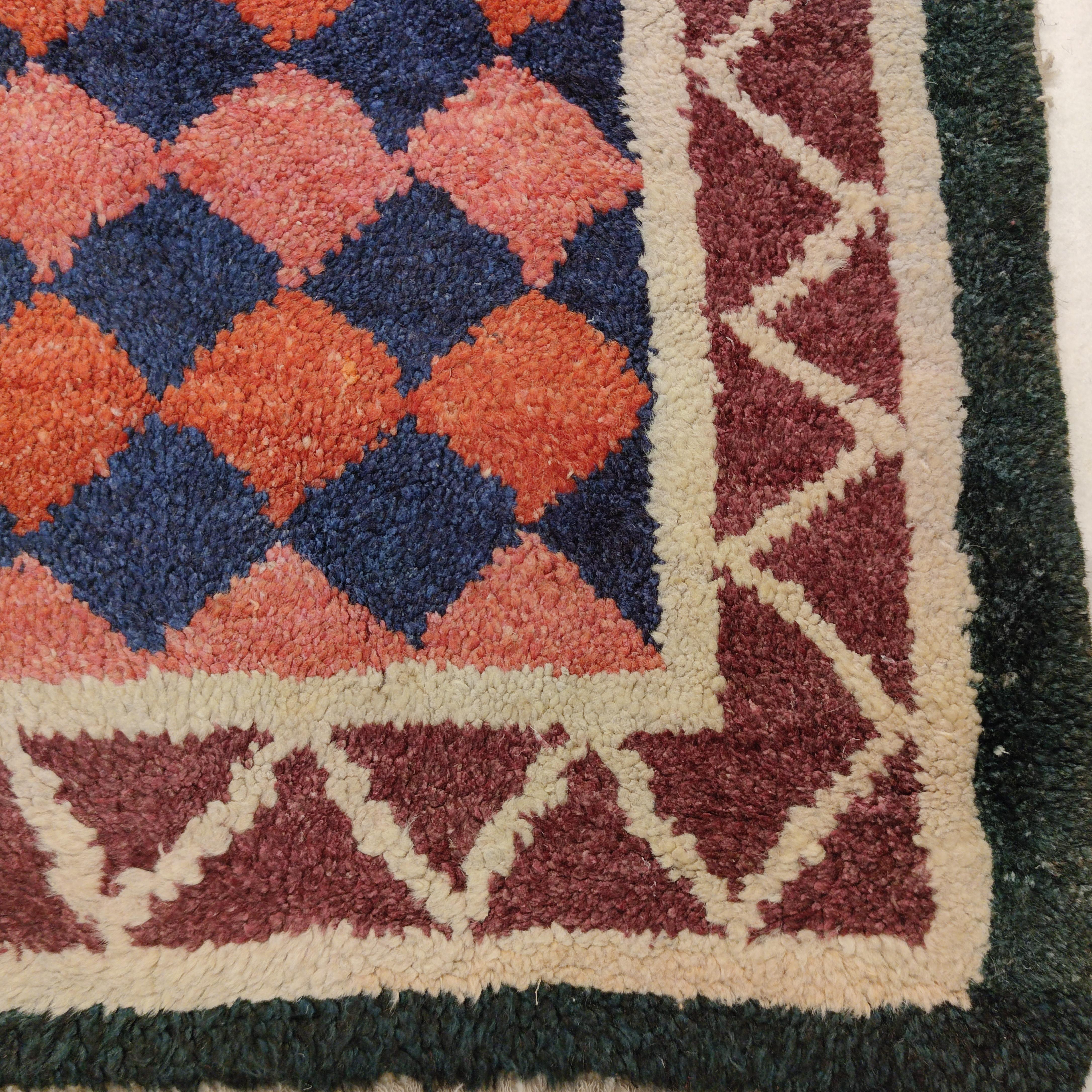Tibetan Antique Geometric Design Chinese Rug with Polychrome Diamonds For Sale