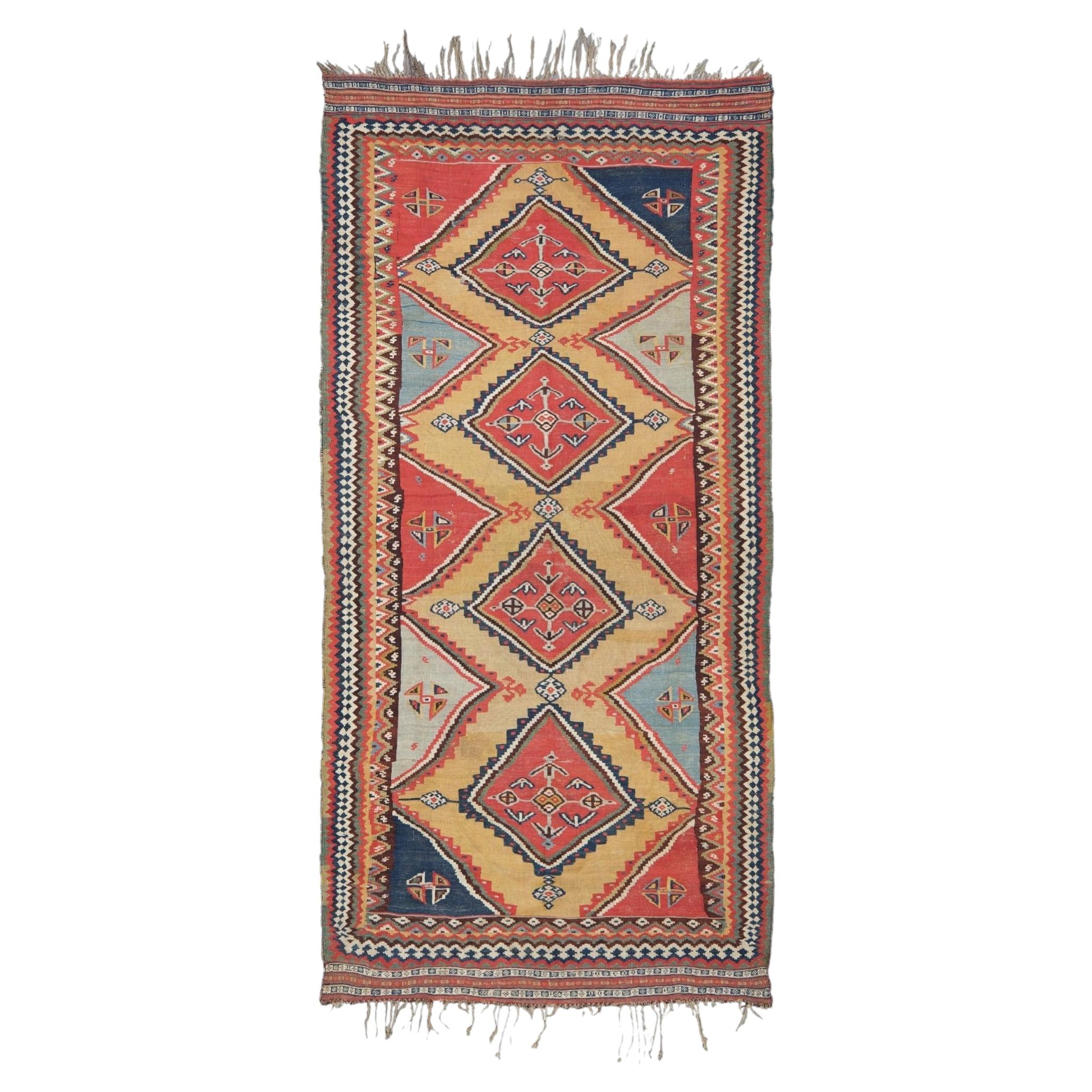 Antique Geometric Design Hand Woven Wool Carpet - Late 19th Century