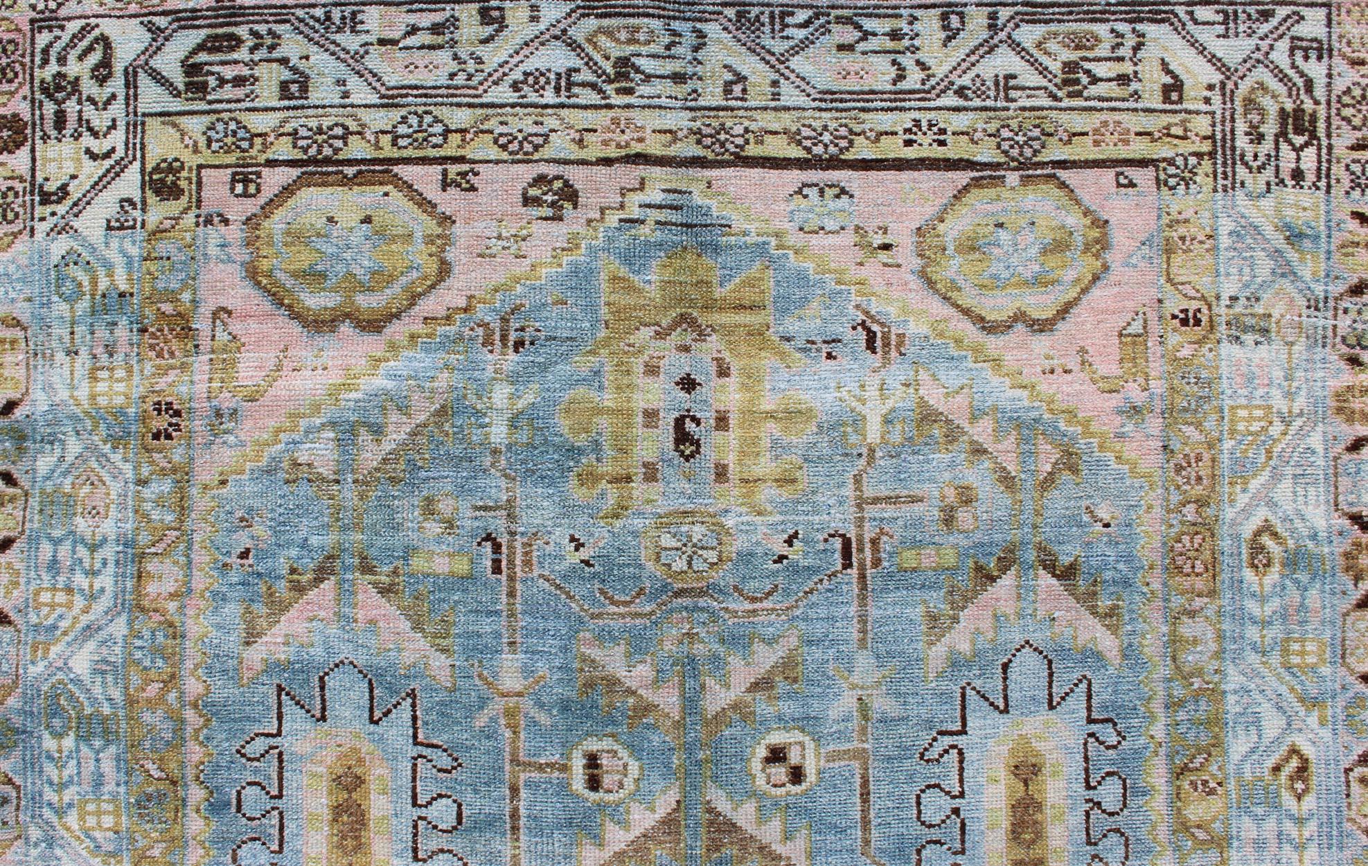Antique Geometric Design Persian Malayer Rug in Light Blue, Pink, and Green For Sale 1