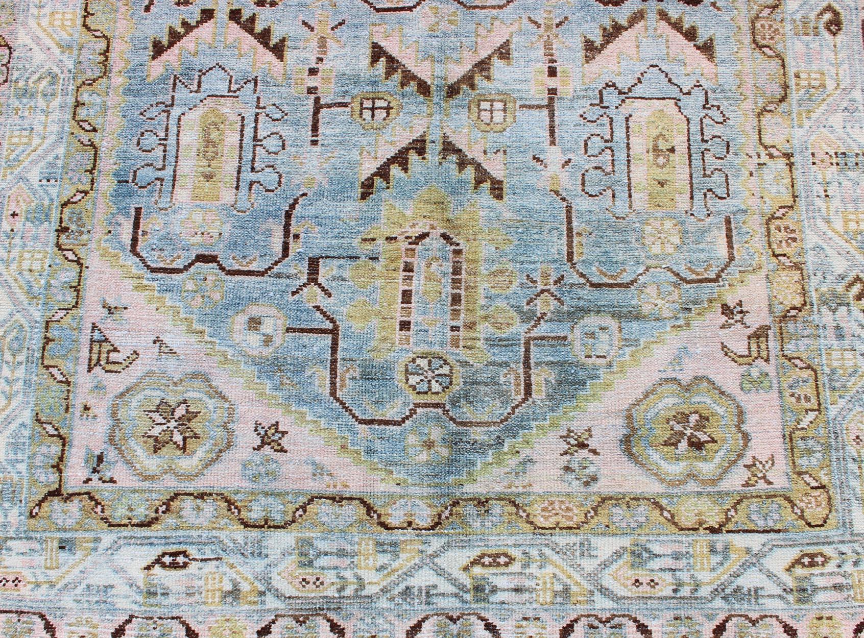 Antique Geometric Design Persian Malayer Rug in Light Blue, Pink, and Green For Sale 2