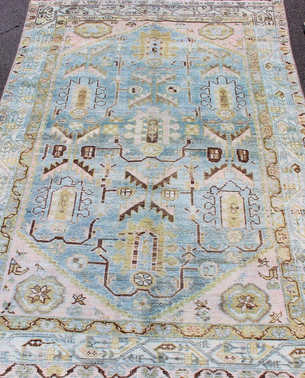 Antique Geometric Design Persian Malayer Rug in Light Blue, Pink, and Green For Sale 3