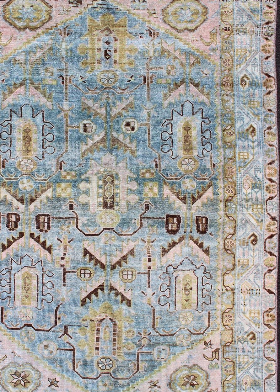Geometric style Malayer antique rug, rug SUS-1909-470, country of origin / type: Iran / Malayer, circa 1910. Antique geometric design Persian Malayer rug in light blue, pink, and green

This beautiful antique early 20th century Persian Malayer