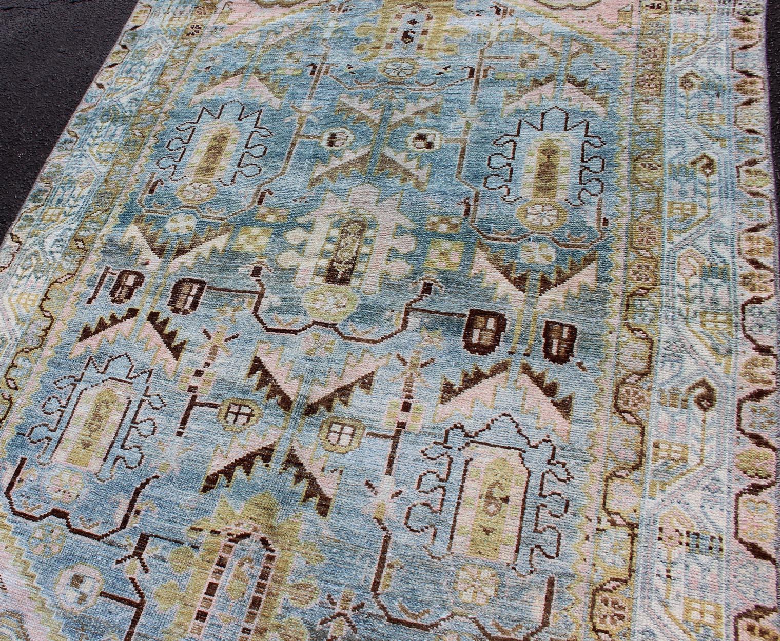 Hand-Knotted Antique Geometric Design Persian Malayer Rug in Light Blue, Pink, and Green For Sale