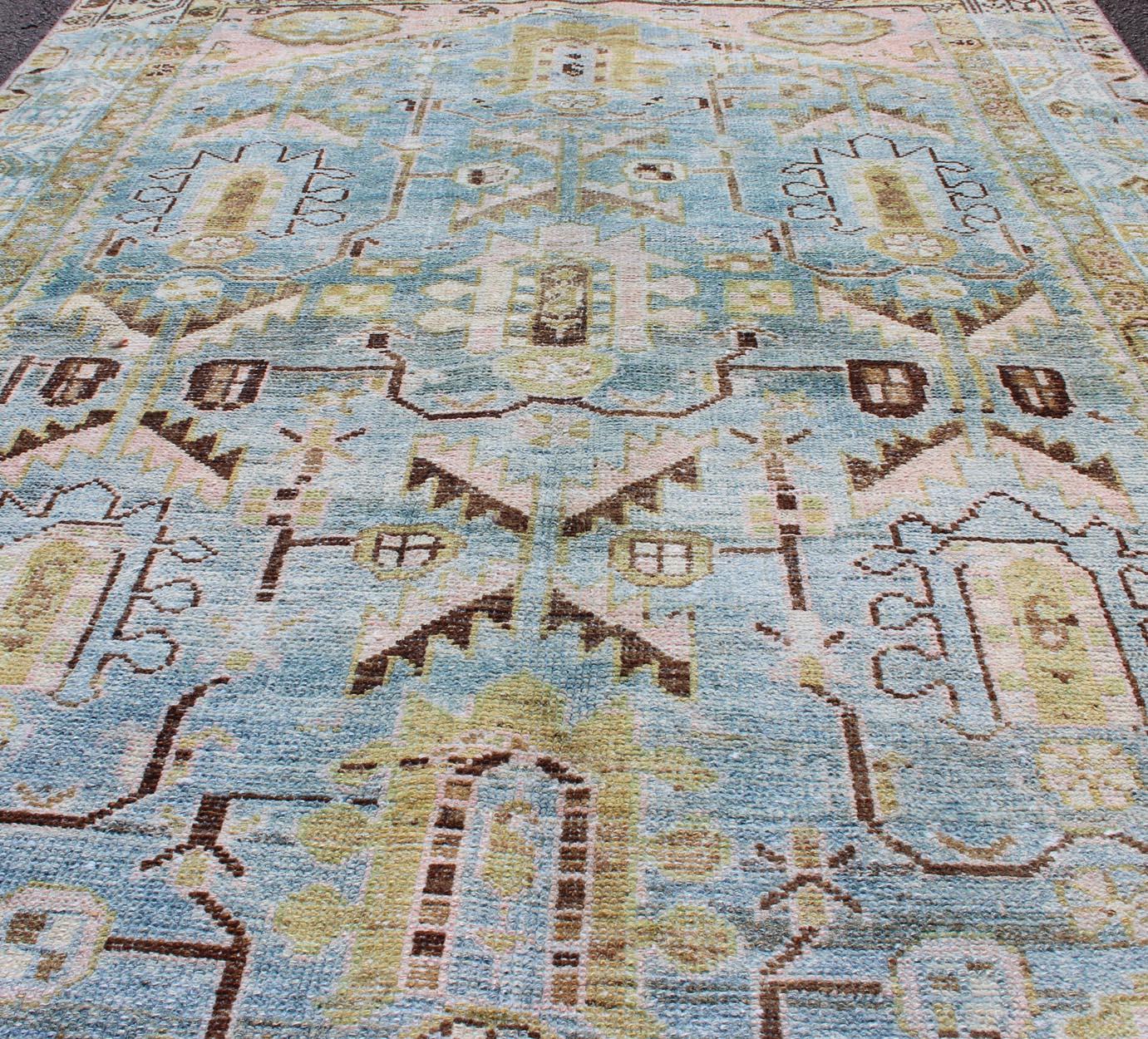Antique Geometric Design Persian Malayer Rug in Light Blue, Pink, and Green In Good Condition For Sale In Atlanta, GA