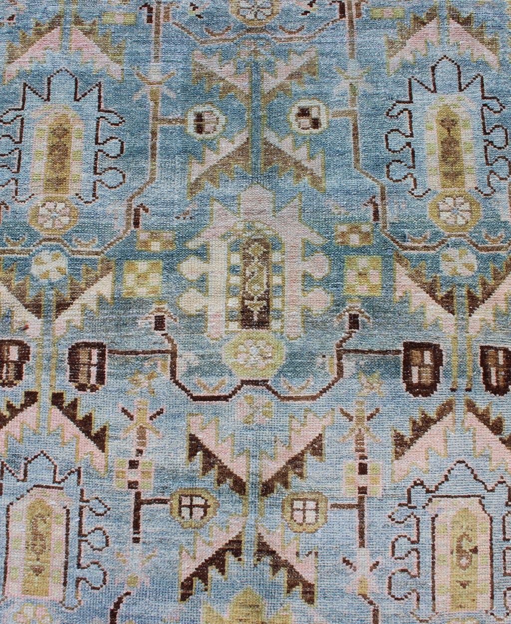 20th Century Antique Geometric Design Persian Malayer Rug in Light Blue, Pink, and Green For Sale