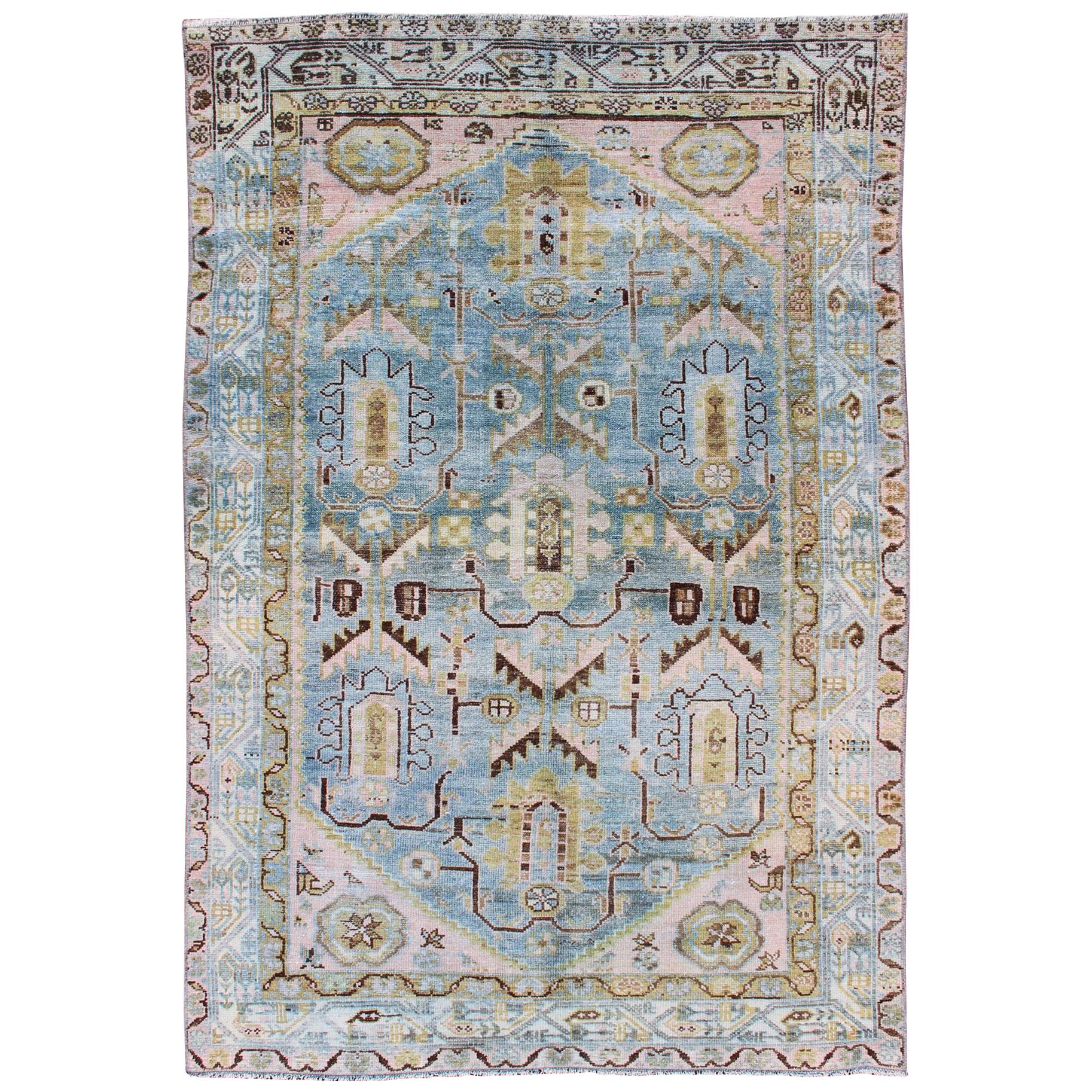 Antique Geometric Design Persian Malayer Rug in Light Blue, Pink, and Green For Sale