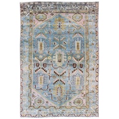 Antique Geometric Design Persian Malayer Rug in Light Blue, Pink, and Green