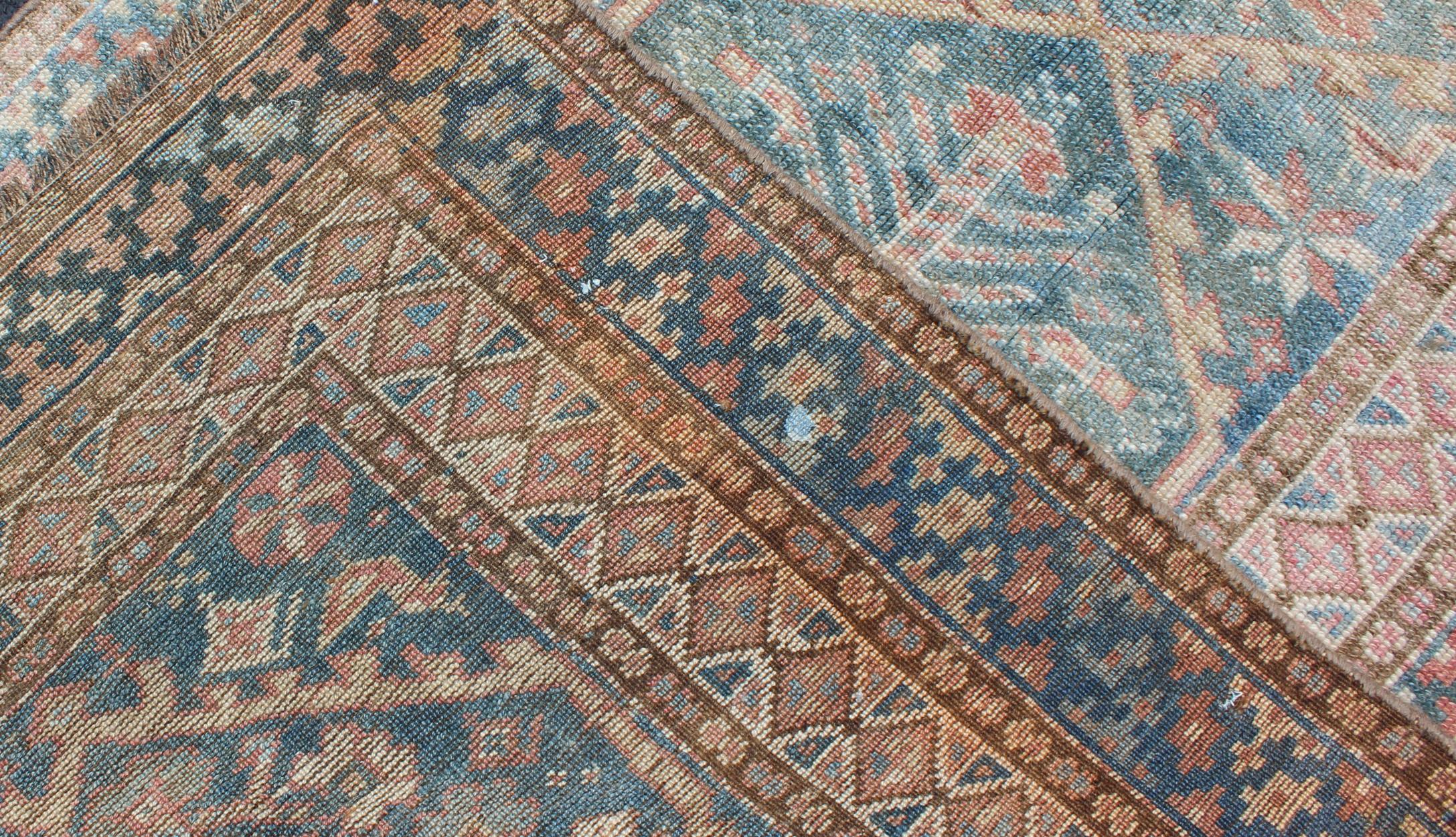 Antique Geometric Design Persian Small Lori Rug in Light Teal and Pink For Sale 3