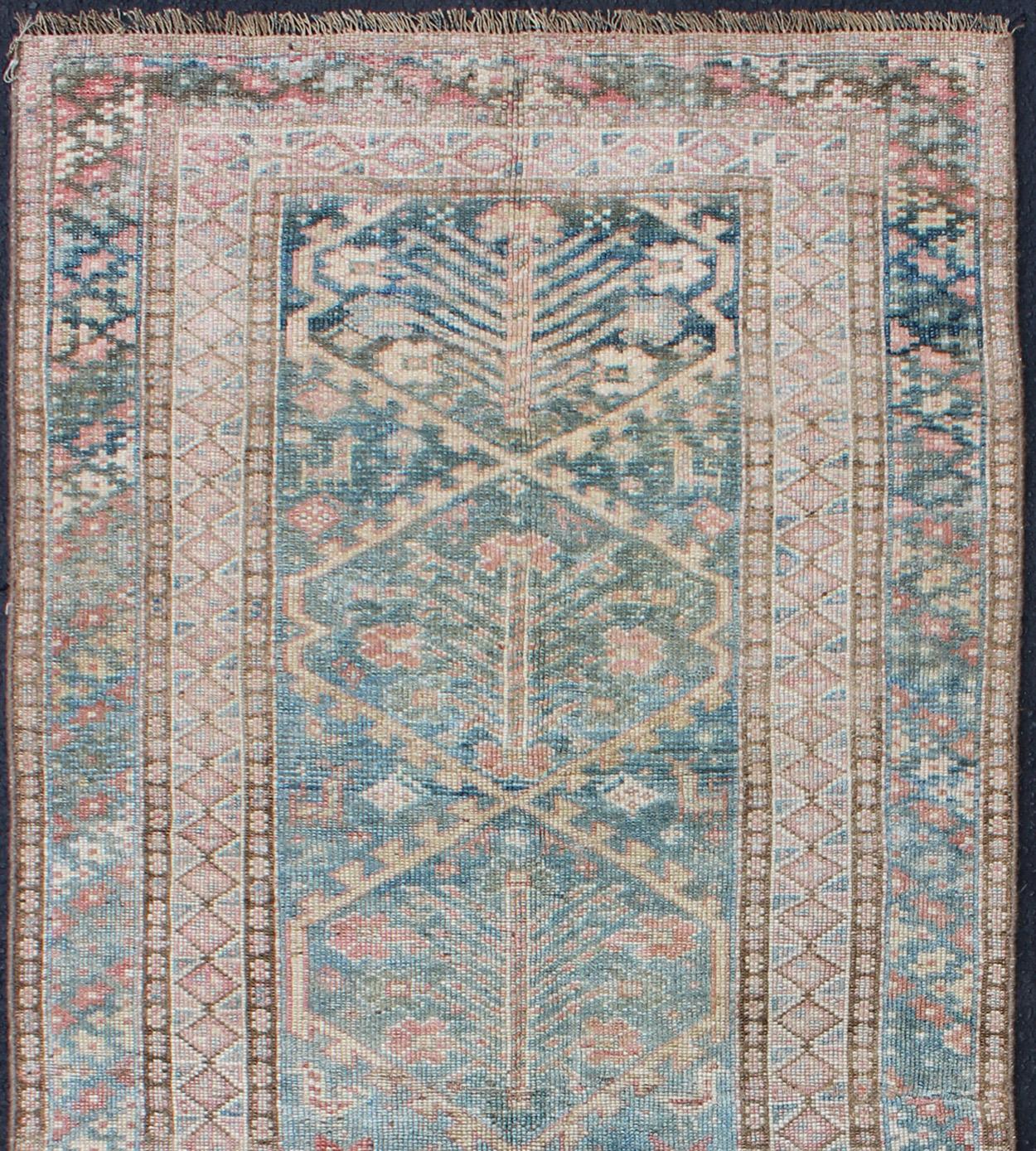 Antique Persian small Lori Bakhtiari rug in light teal and pink. Geometric all over Lori antique rug, keivan woven Arts / rug / EMA-7542, country of origin / type: Iran / Malayer, circa 1910.

Measures: 3' x 6'9.

This beautiful antique early