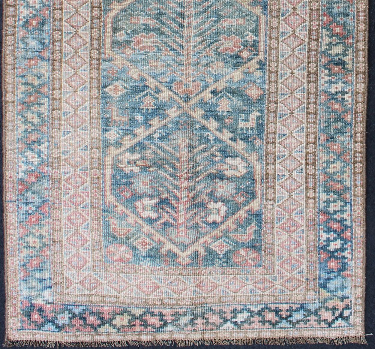 Malayer Antique Geometric Design Persian Small Lori Rug in Light Teal and Pink For Sale