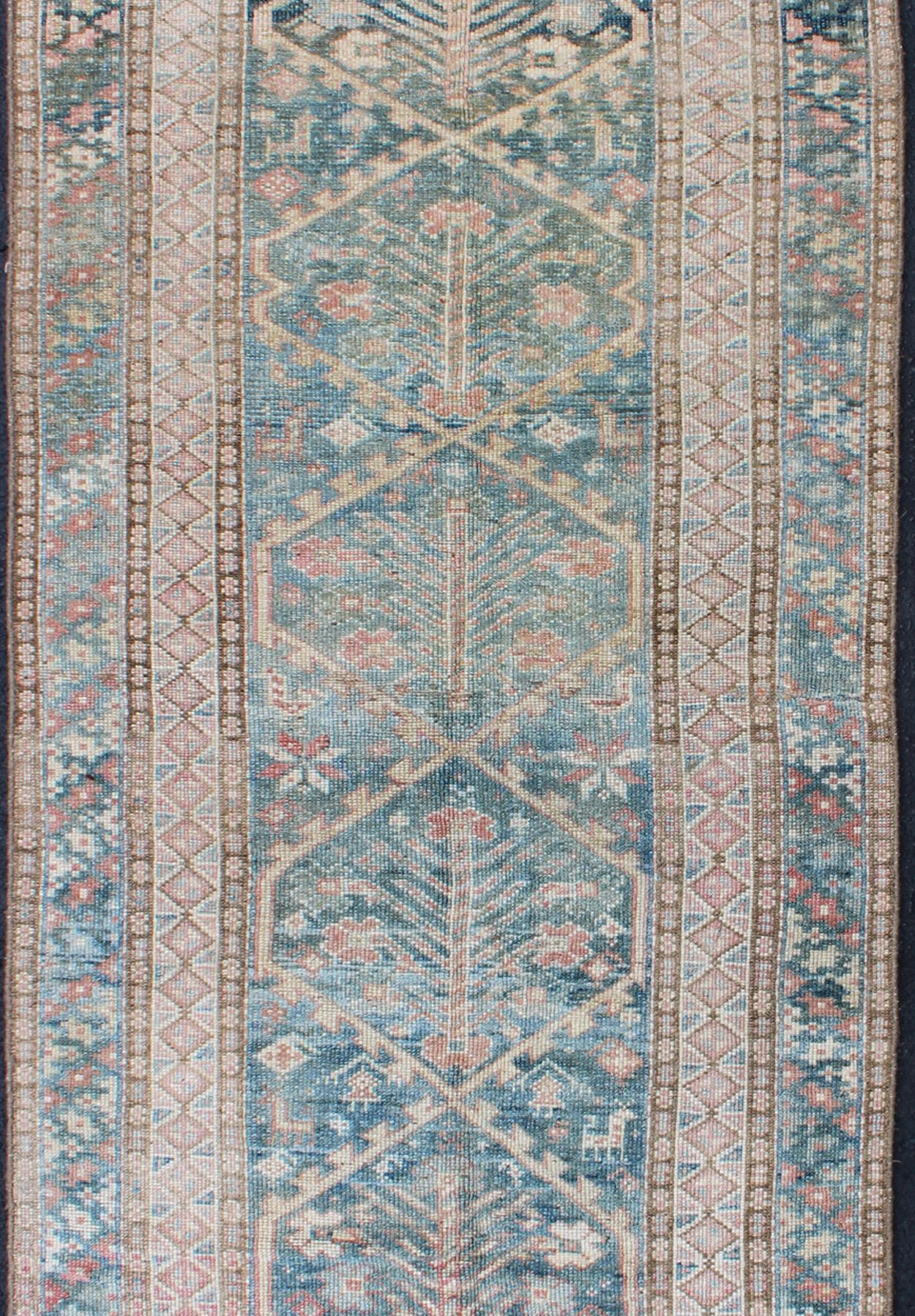 Hand-Knotted Antique Geometric Design Persian Small Lori Rug in Light Teal and Pink For Sale