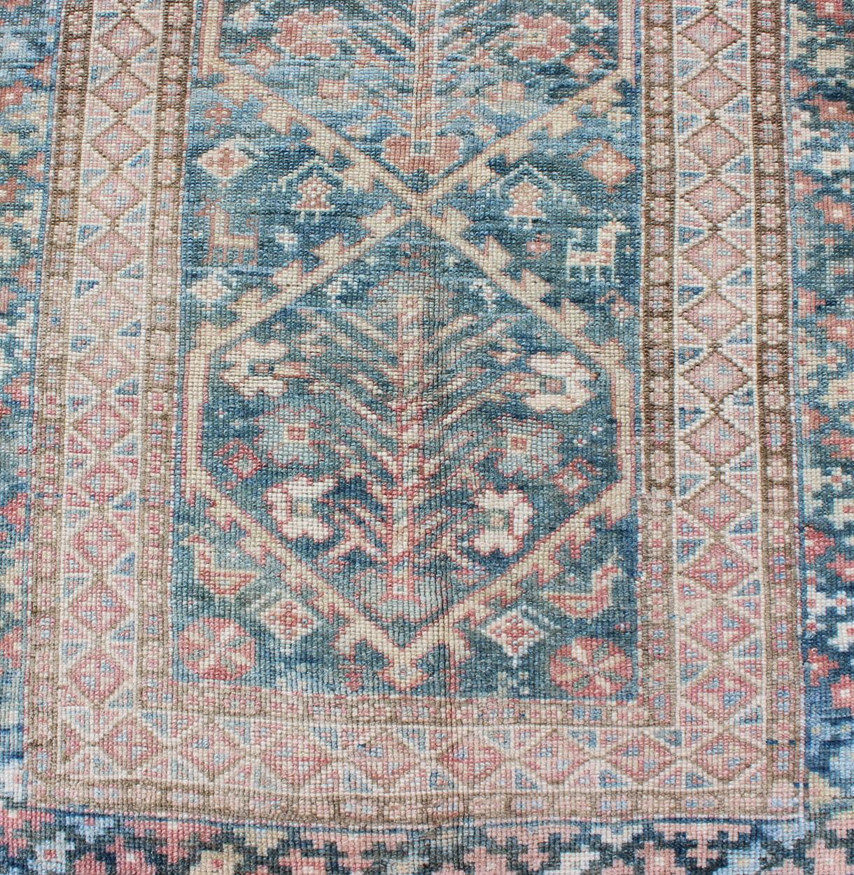 Wool Antique Geometric Design Persian Small Lori Rug in Light Teal and Pink For Sale