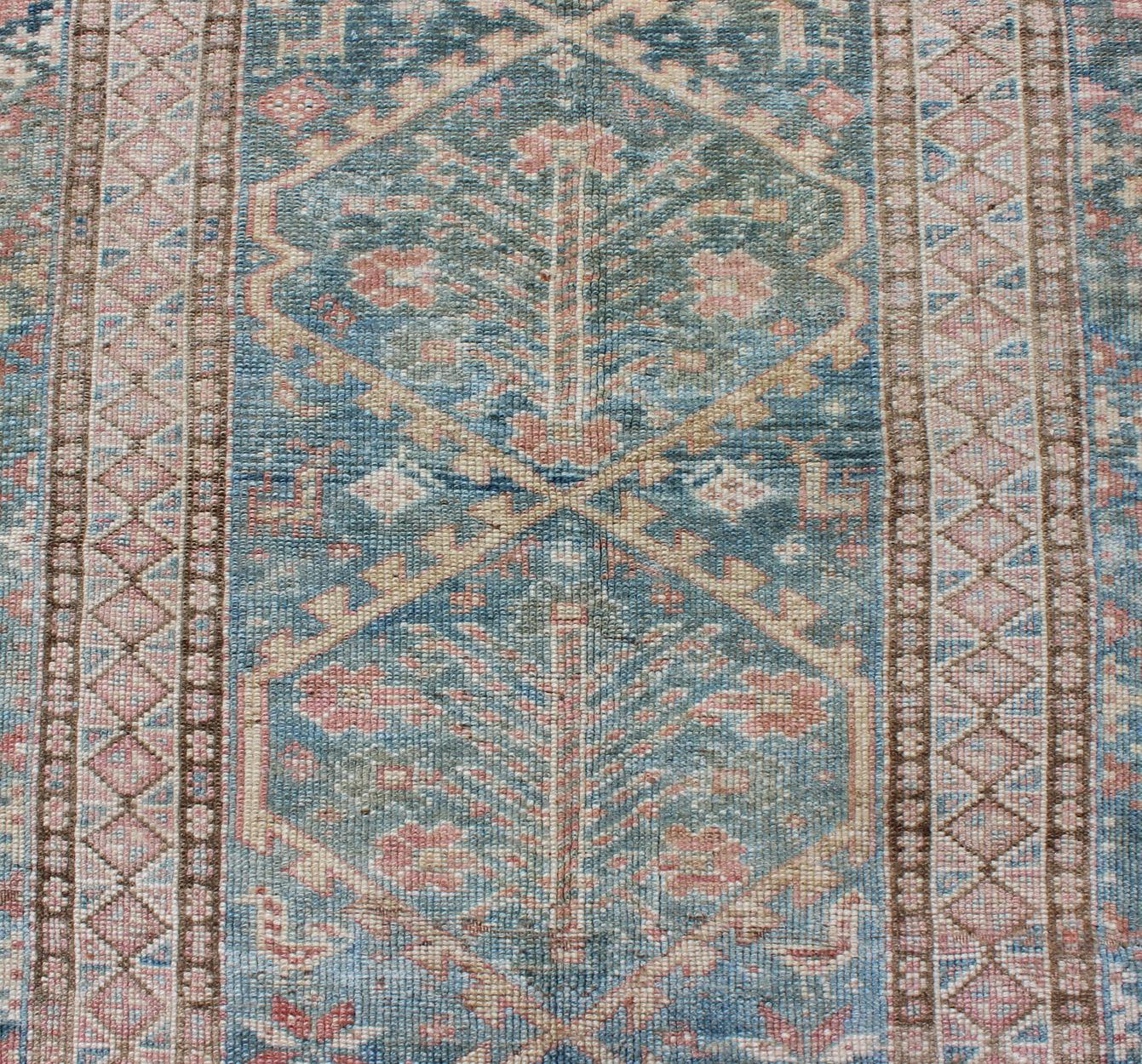 Antique Geometric Design Persian Small Lori Rug in Light Teal and Pink For Sale 1