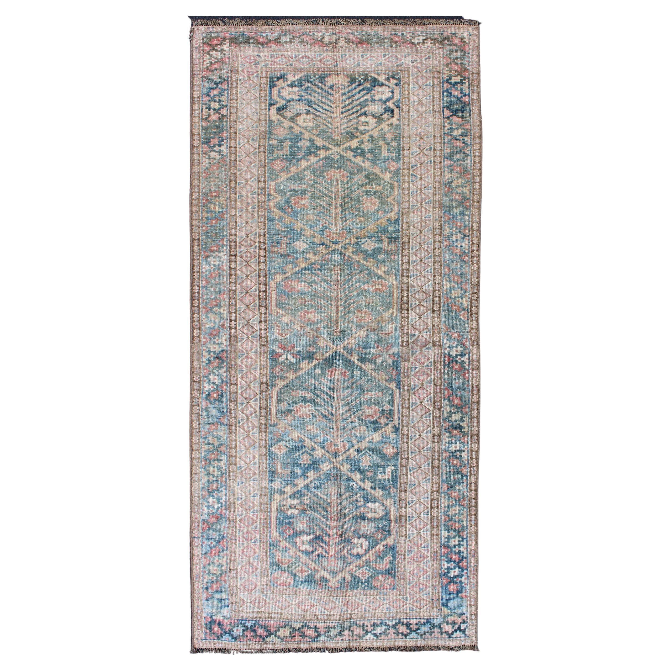 Antique Geometric Design Persian Small Lori Rug in Light Teal and Pink For Sale