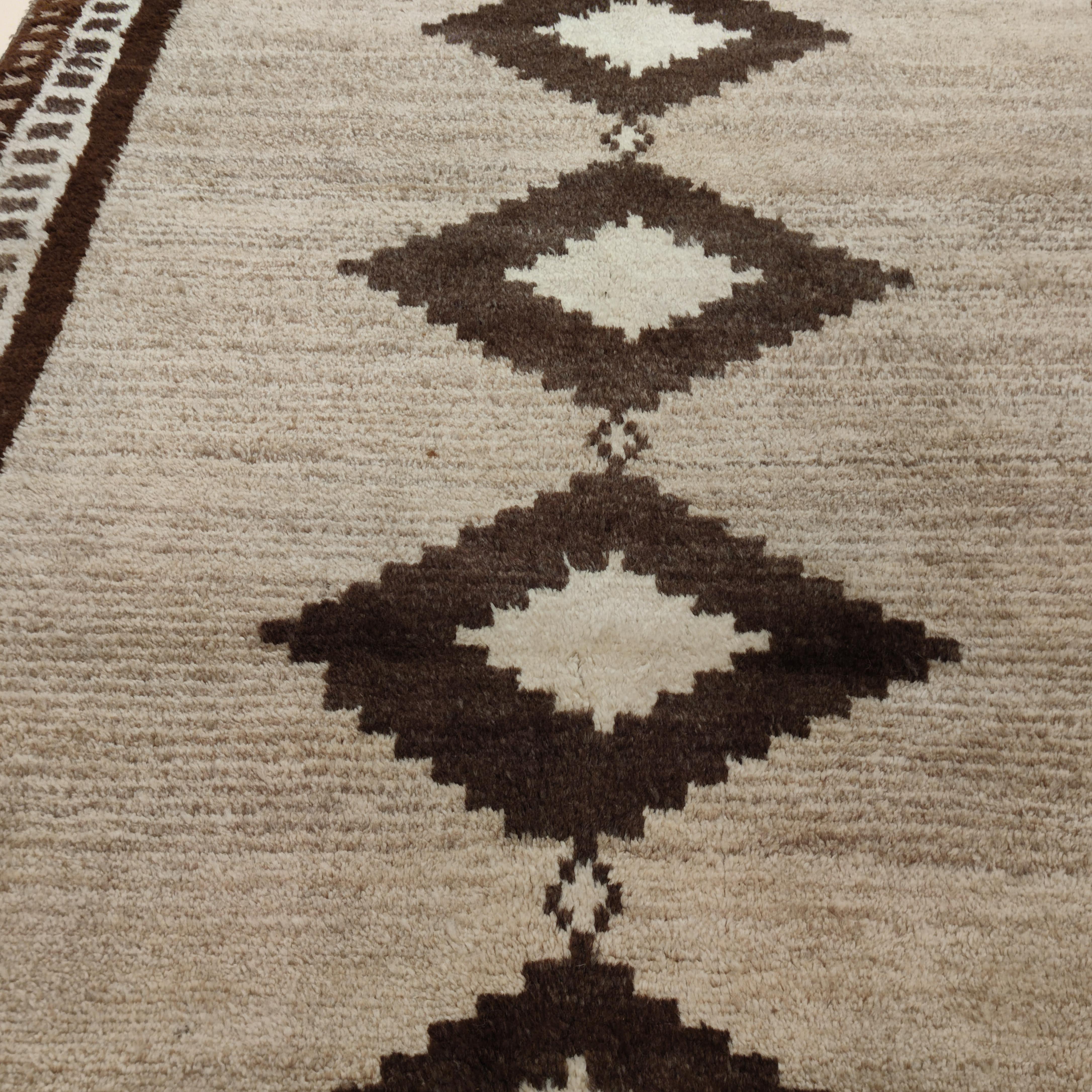 Turkish Antique Geometric Design Tribal Rug in Camel Hair and Mocha Neutral Colours For Sale