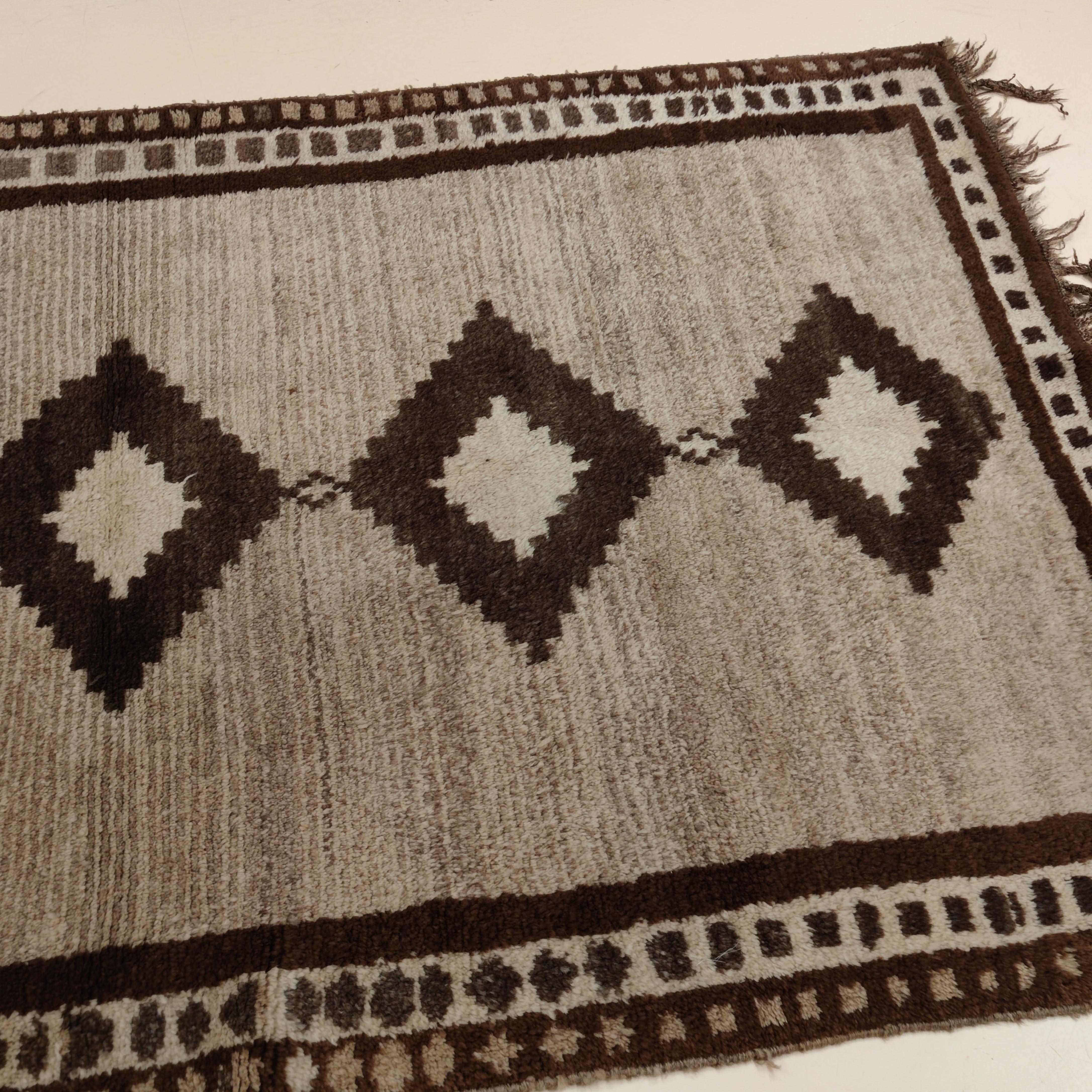 Turkish Antique Geometric Design Tribal Rug in Camel Hair and Mocha Neutral Colours For Sale