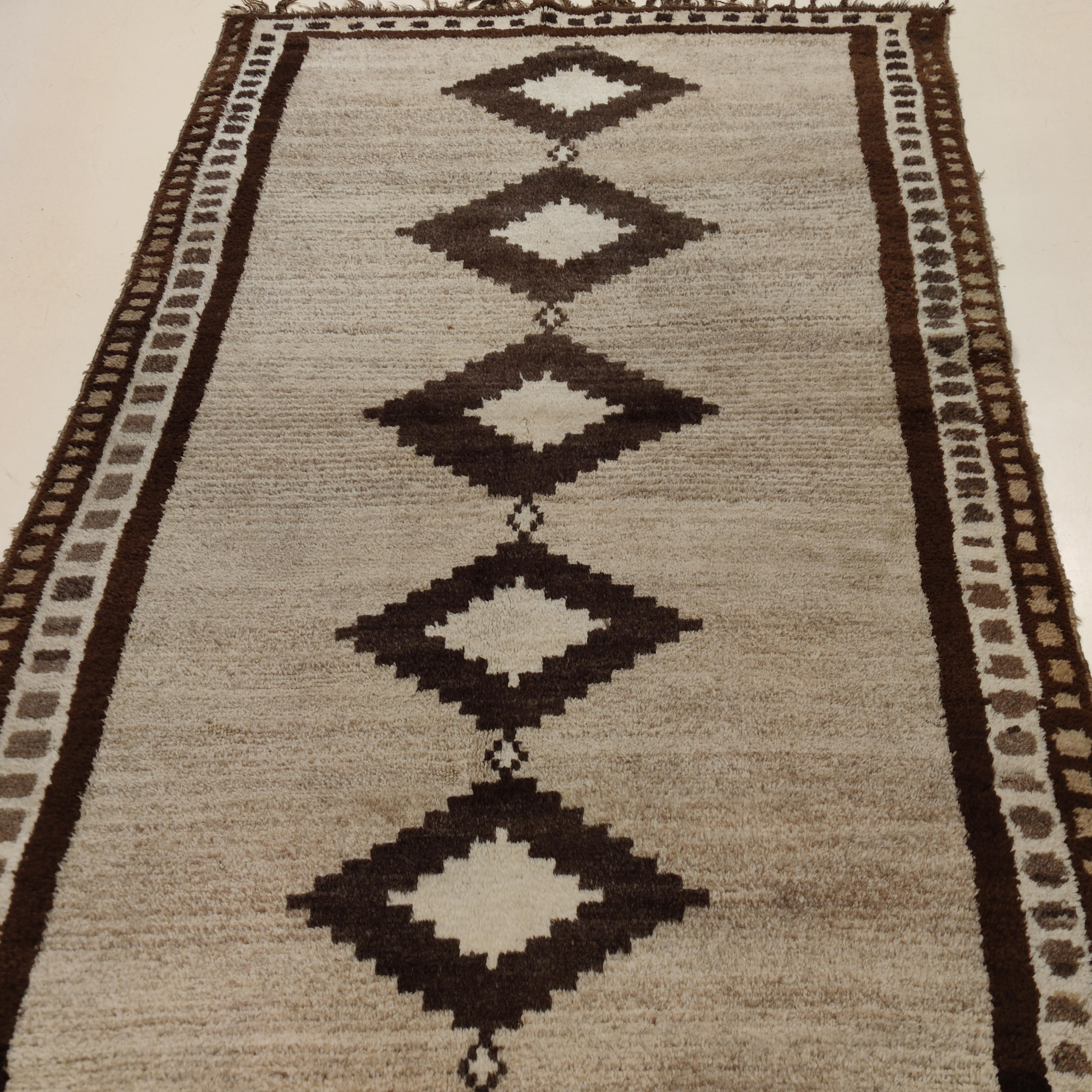 Hand-Knotted Antique Geometric Design Tribal Rug in Camel Hair and Mocha Neutral Colours For Sale