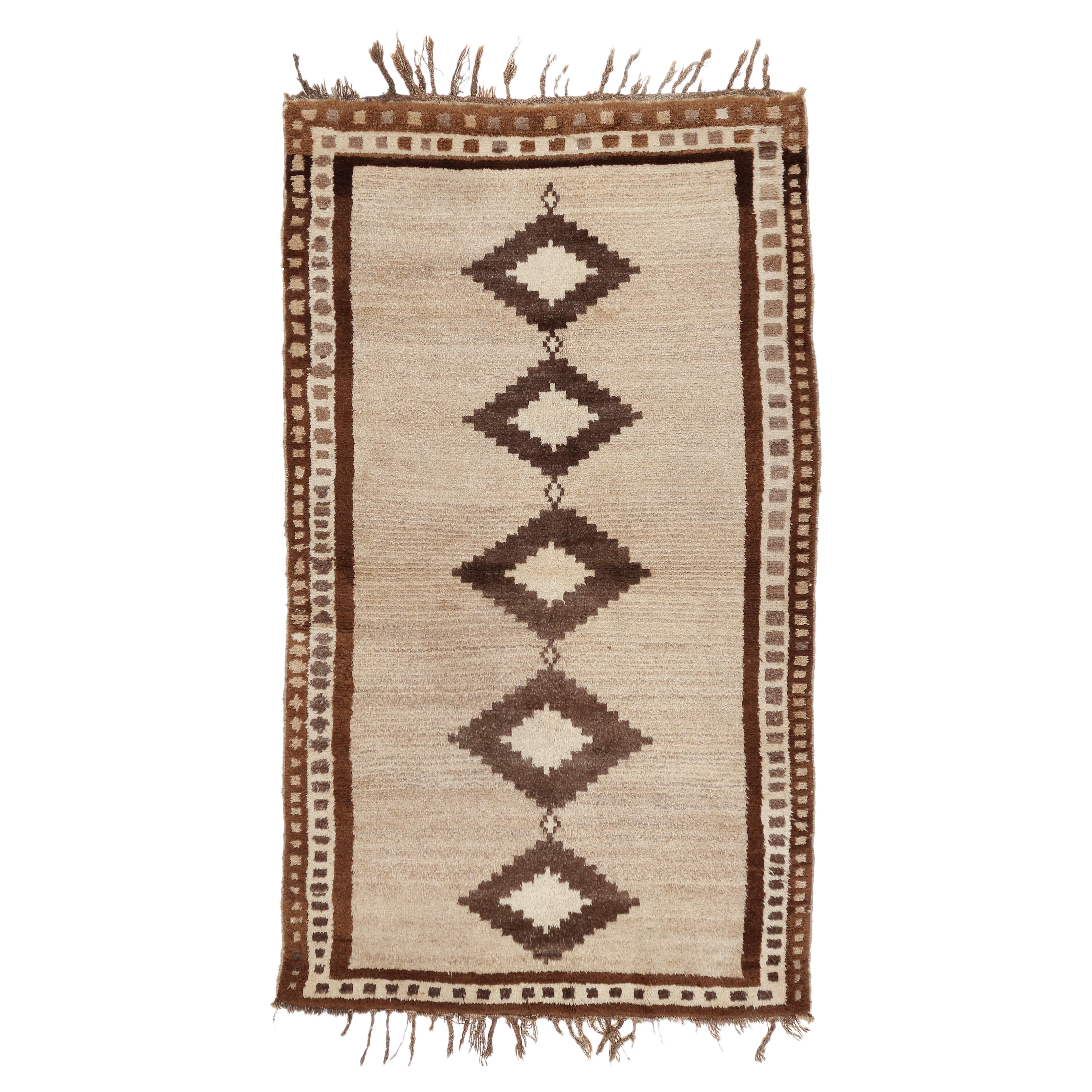 Antique Geometric Design Tribal Rug in Camel Hair and Mocha Neutral Colours For Sale