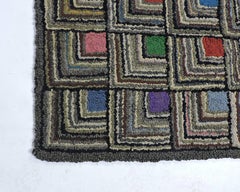 Antique Geometric Abstract Log Cabin Pattern Hooked Rug
