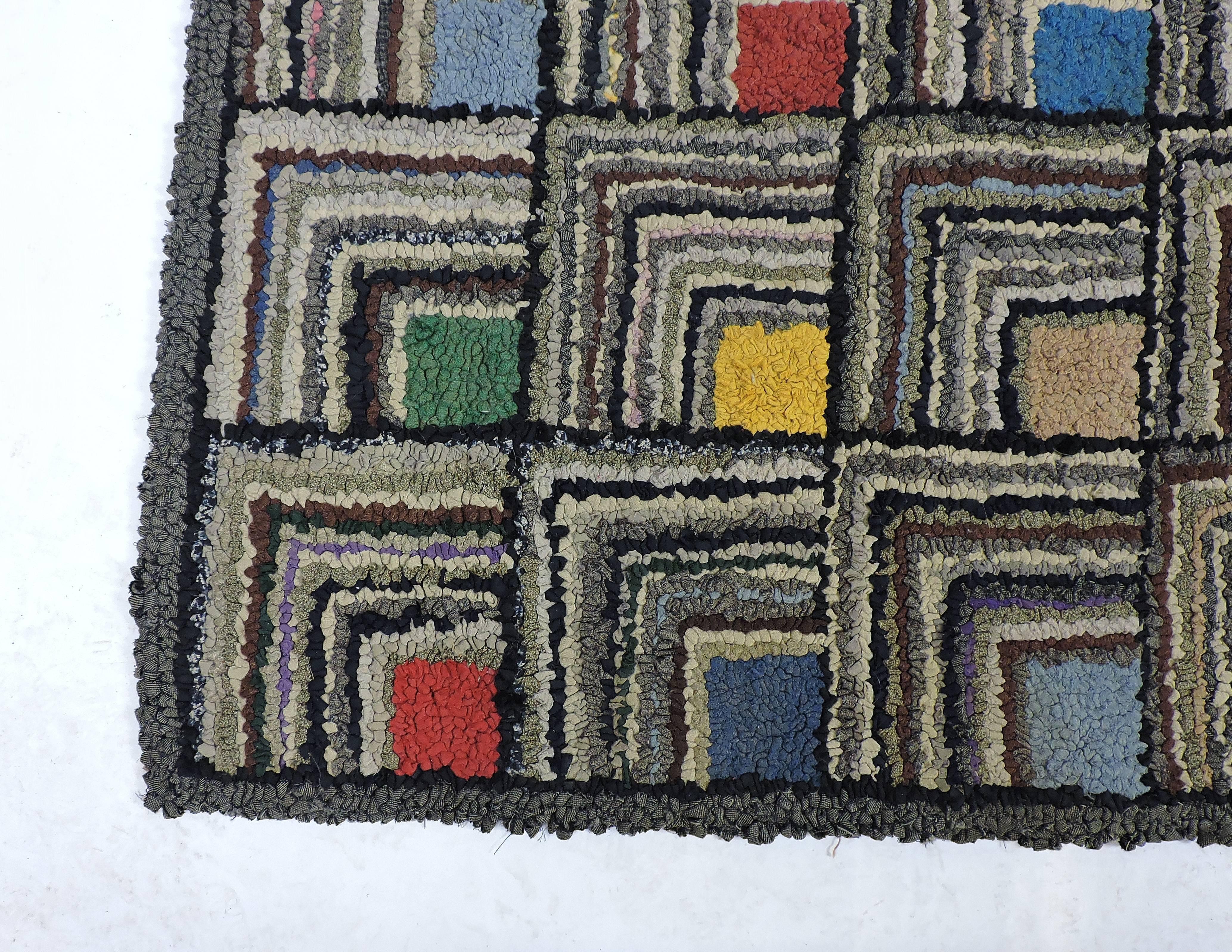 Other Antique Geometric Abstract Log Cabin Pattern Hooked Rug